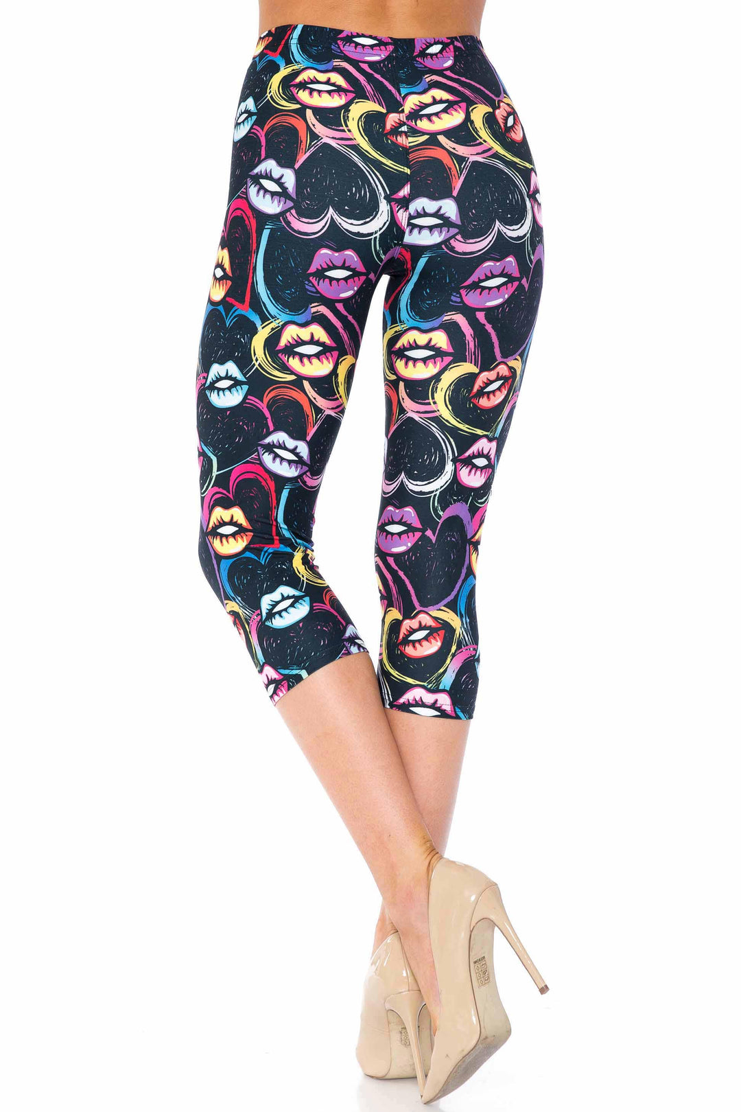 Creamy Soft Capri Leggings Premium Women's Colorful Lips and Hearts Extra Plus, High Rise, Stretchy, Comfortable, 3X-5X Capris - by USA Fashion