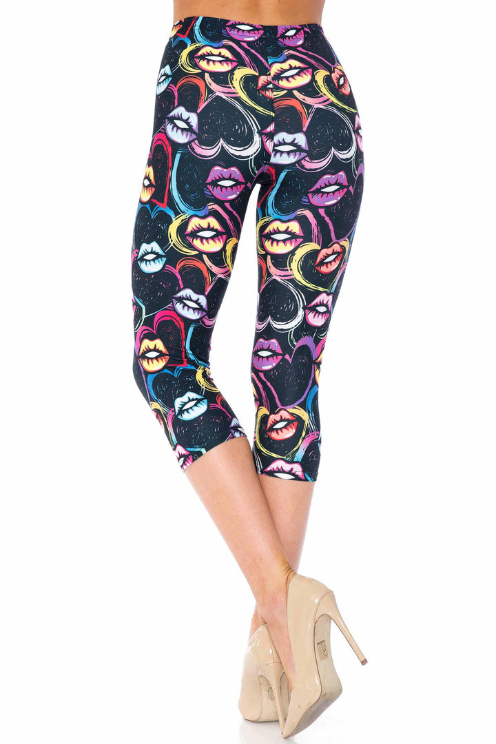 Creamy Soft Capri Leggings Premium Women's Colorful Lips and Hearts Extra Plus, High Rise, Stretchy, Comfortable, 3X-5X Capris - by USA Fashion