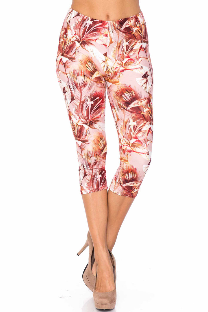 Creamy Soft Capri Leggings Premium Women's Mocha Floral Extra Plus, High Rise, Stretchy, Comfortable, 3X-5X Capris - by USA Fashion