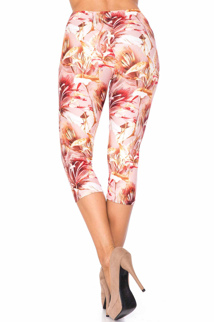 Creamy Soft Capri Leggings Premium Women's Mocha Floral Extra Plus, High Rise, Stretchy, Comfortable, 3X-5X Capris - by USA Fashion