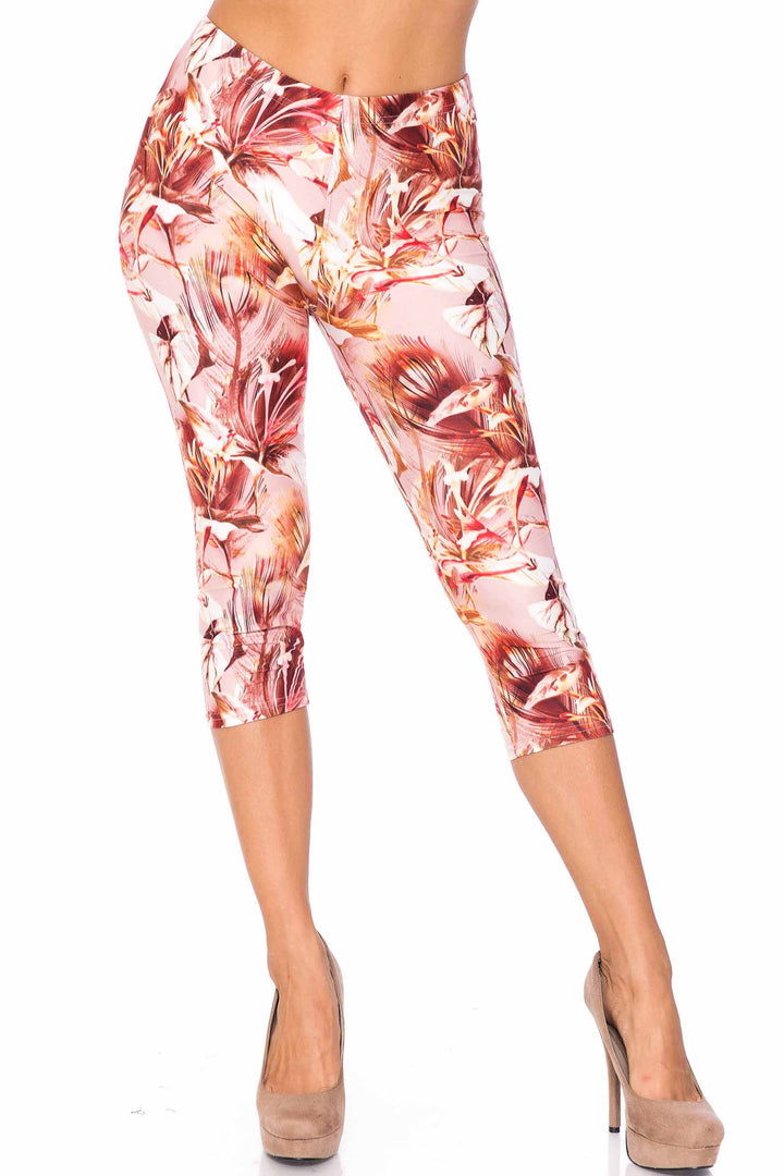 Creamy Soft Capri Leggings Premium Women's Mocha Floral Extra Plus, High Rise, Stretchy, Comfortable, 3X-5X Capris - by USA Fashion