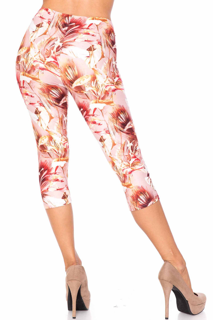 Creamy Soft Capri Leggings Premium Women's Mocha Floral Extra Plus, High Rise, Stretchy, Comfortable, 3X-5X Capris - by USA Fashion