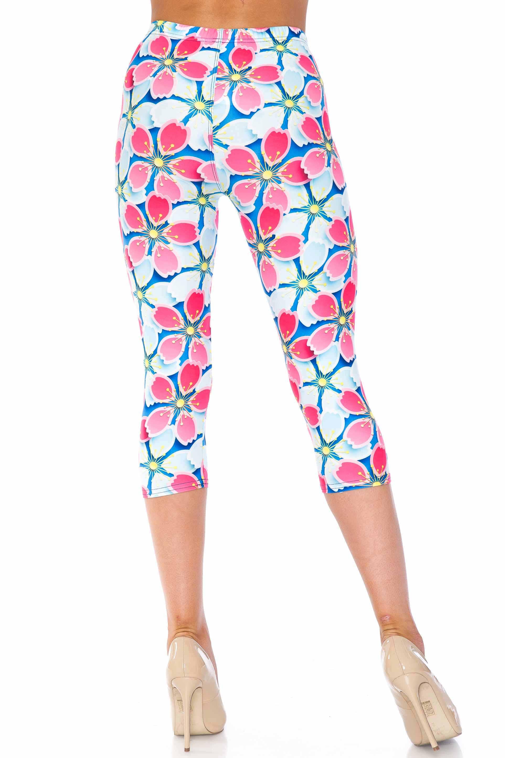 Creamy Soft Capri Leggings Premium Women's Pink and Blue Sunshine Floral Extra Plus, High Rise, Stretchy, Comfortable, 3X-5X Capris - by USA Fashion