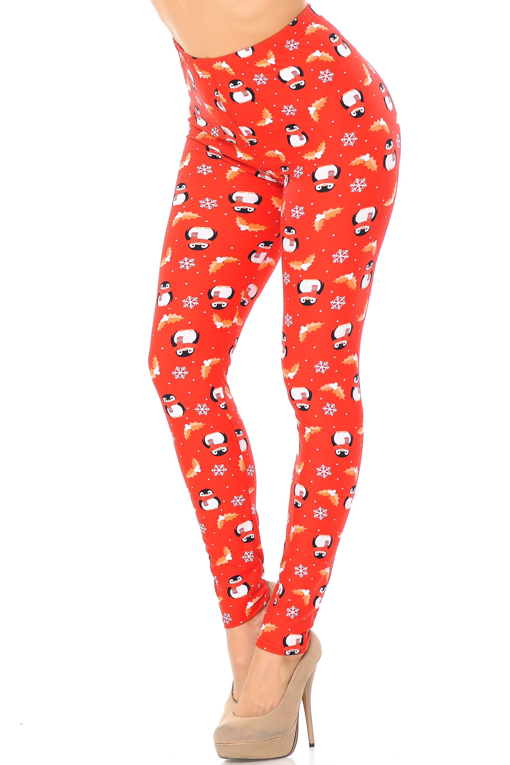 Buttery Soft Ruby Red Penguins Mistletoe and Snowflake Extra Plus Size Leggings - 3X-5X (Red,XPlus One Size)