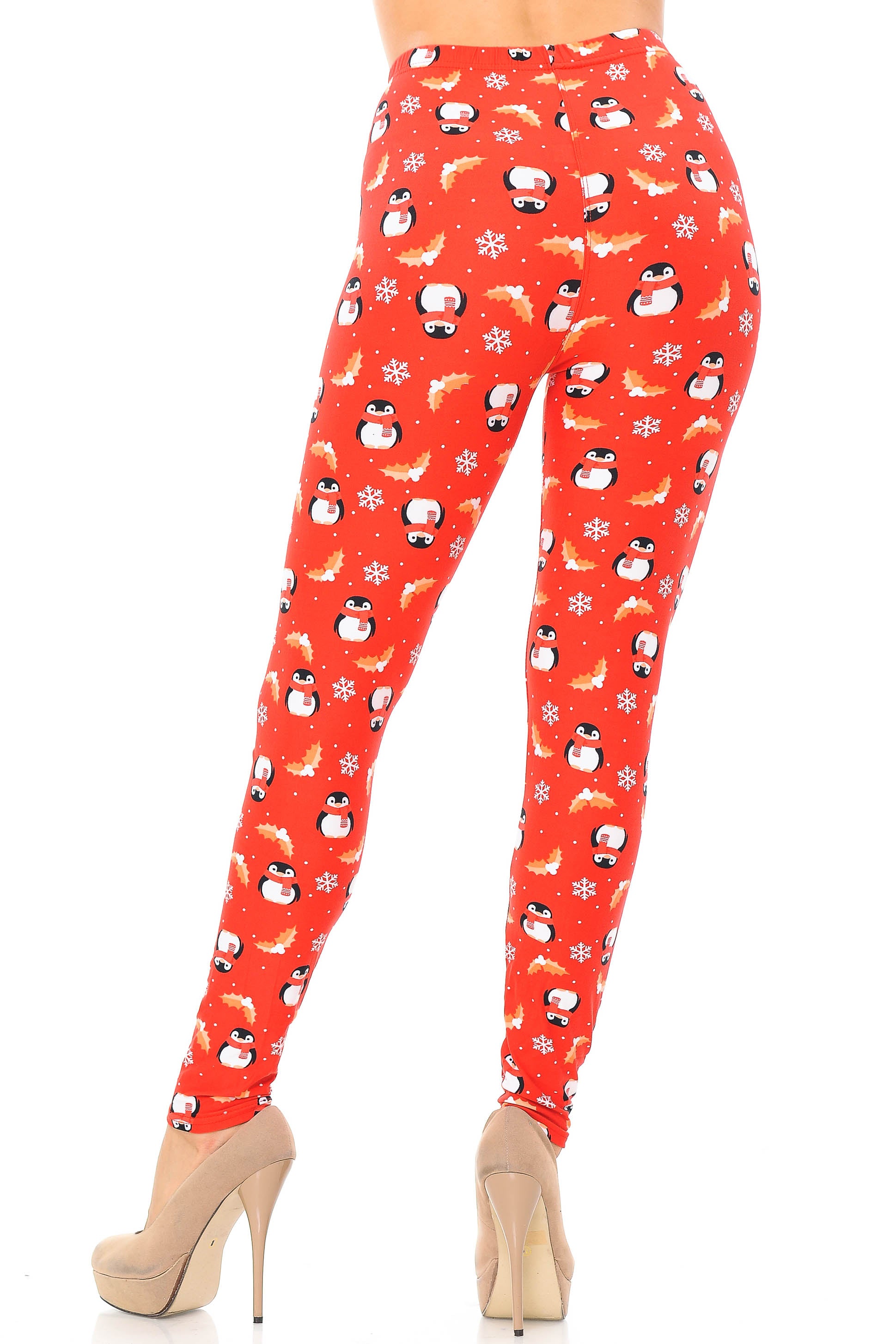 Buttery Soft Ruby Red Penguins Mistletoe and Snowflake Extra Plus Size Leggings - 3X-5X (Red,XPlus One Size)