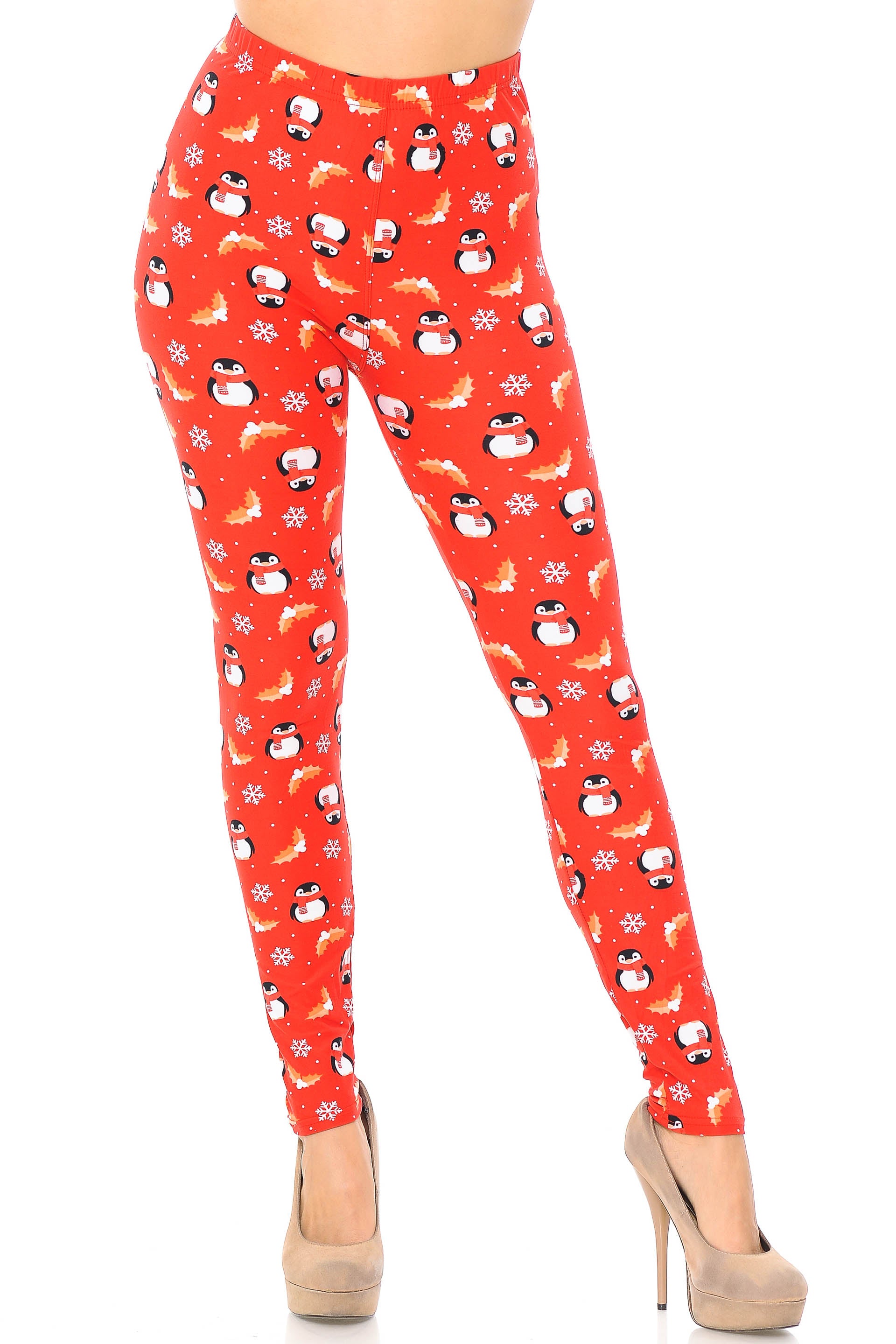 Buttery Soft Ruby Red Penguins Mistletoe and Snowflake Extra Plus Size Leggings - 3X-5X (Red,XPlus One Size)