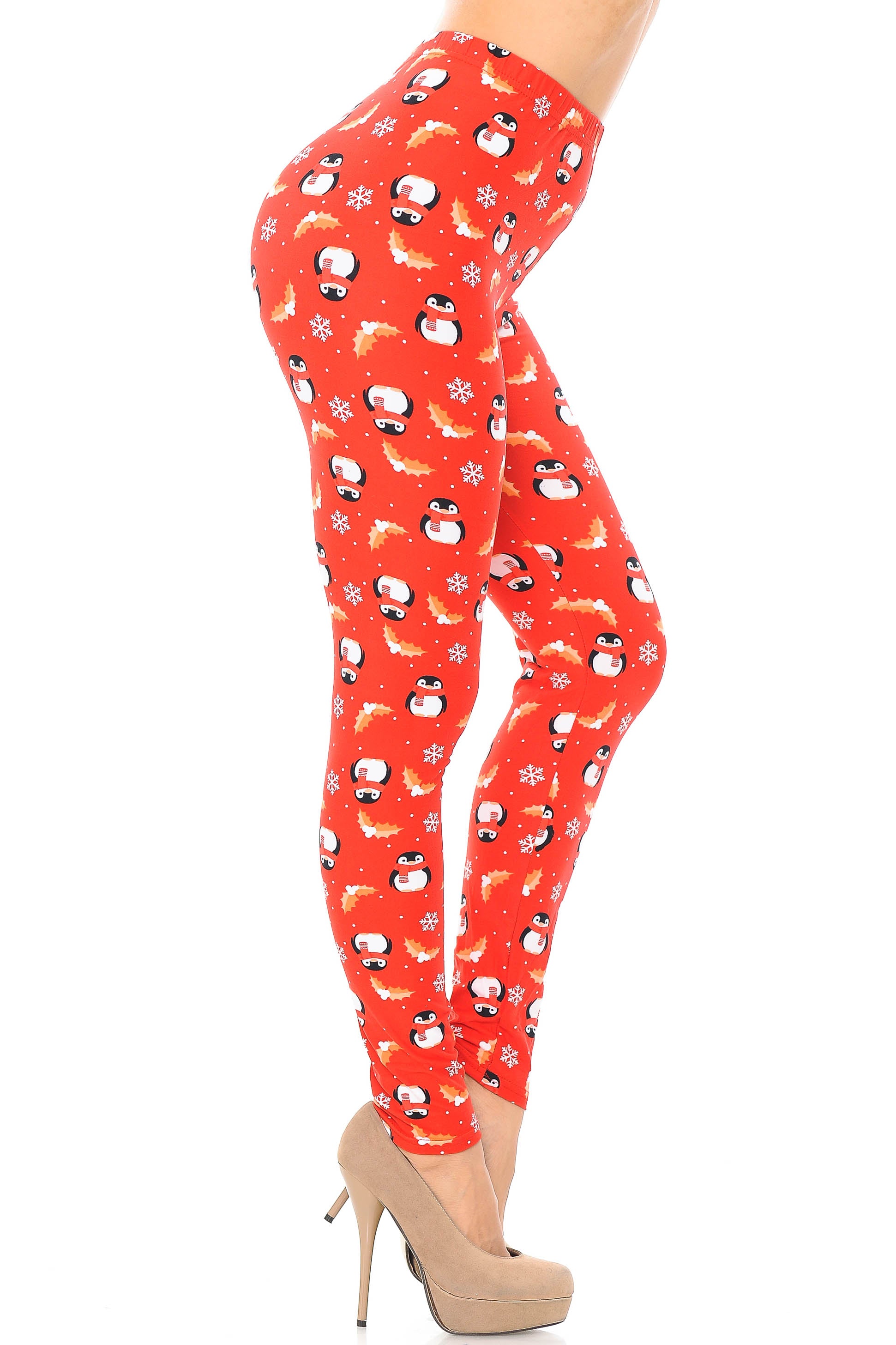 Buttery Soft Ruby Red Penguins Mistletoe and Snowflake Extra Plus Size Leggings - 3X-5X (Red,XPlus One Size)
