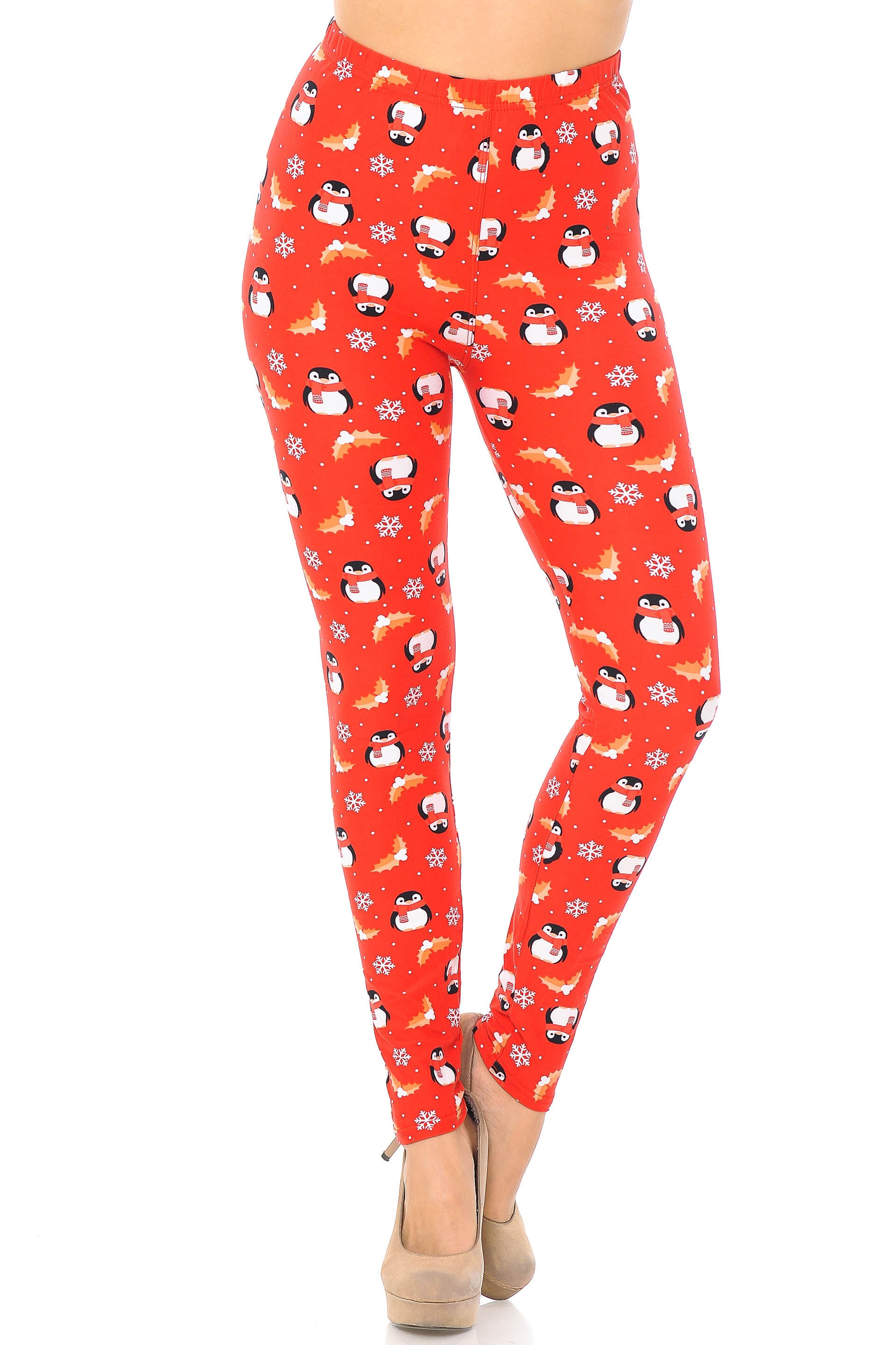 Buttery Soft Ruby Red Penguins Mistletoe and Snowflake Extra Plus Size Leggings - 3X-5X (Red,XPlus One Size)