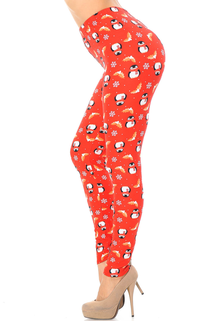 Buttery Soft Ruby Red Penguins Mistletoe and Snowflake Extra Plus Size Leggings - 3X-5X (Red,XPlus One Size)