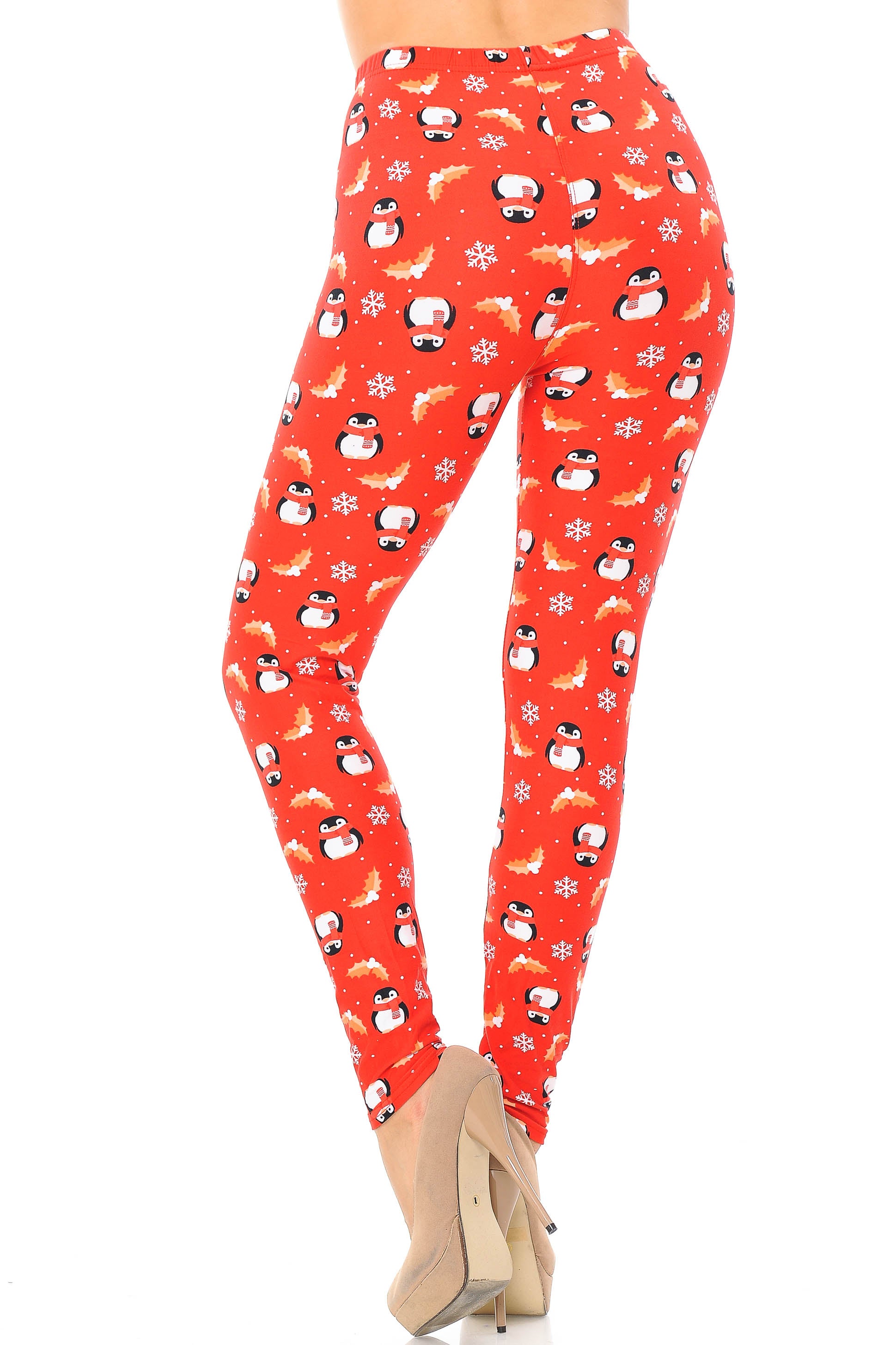 Buttery Soft Ruby Red Penguins Mistletoe and Snowflake Extra Plus Size Leggings - 3X-5X (Red,XPlus One Size)