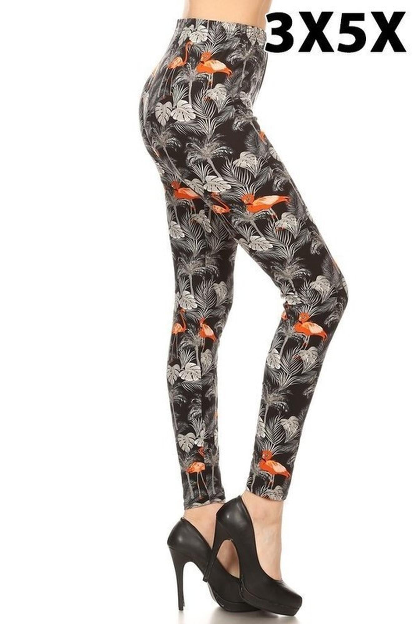 Buttery Soft Paradise Leaf Flamingo Extra Plus Size Leggings - 3X-5X (XPlus One Size,Orange)
