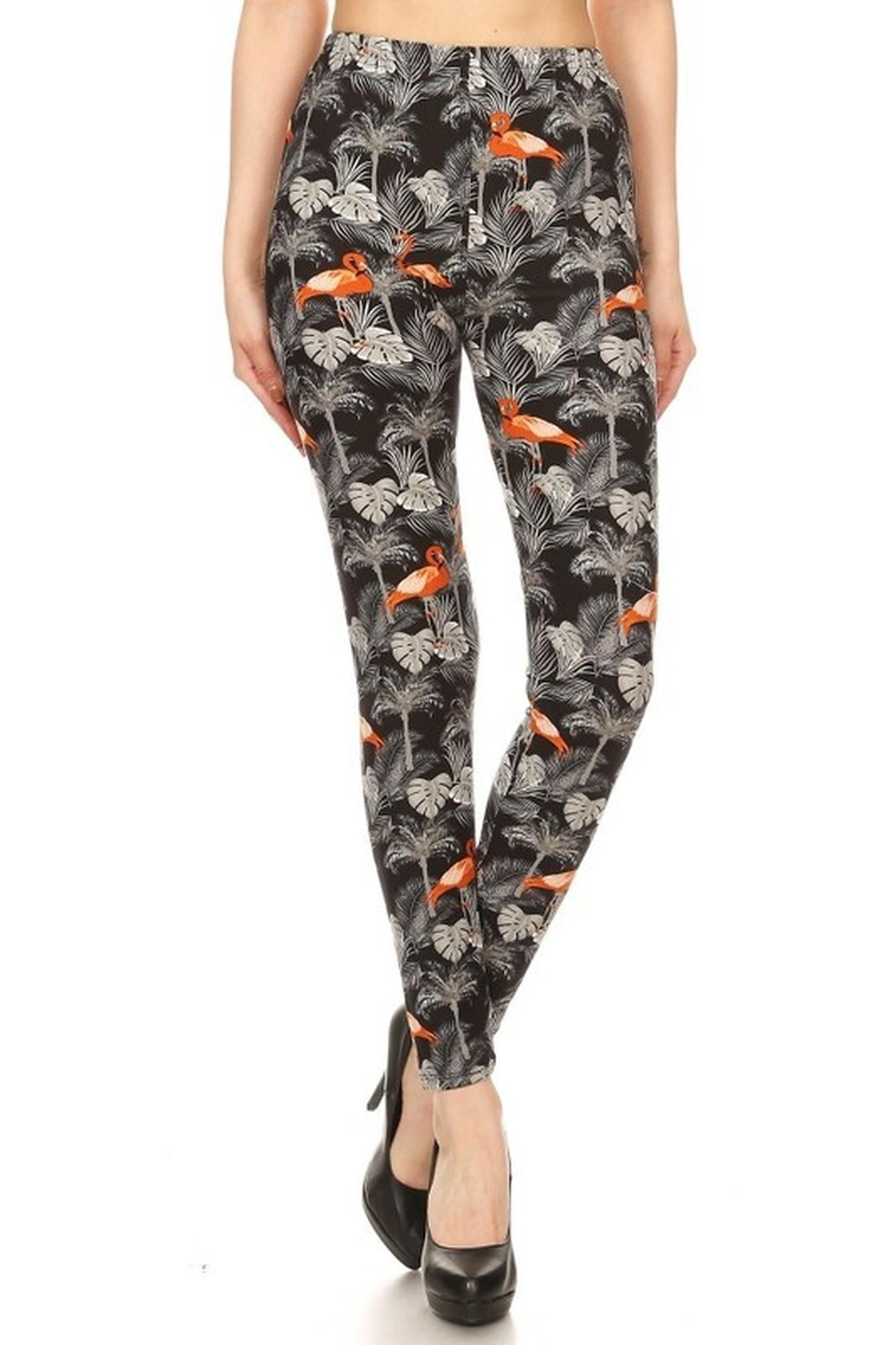 Buttery Soft Paradise Leaf Flamingo Extra Plus Size Leggings - 3X-5X (XPlus One Size,Orange)