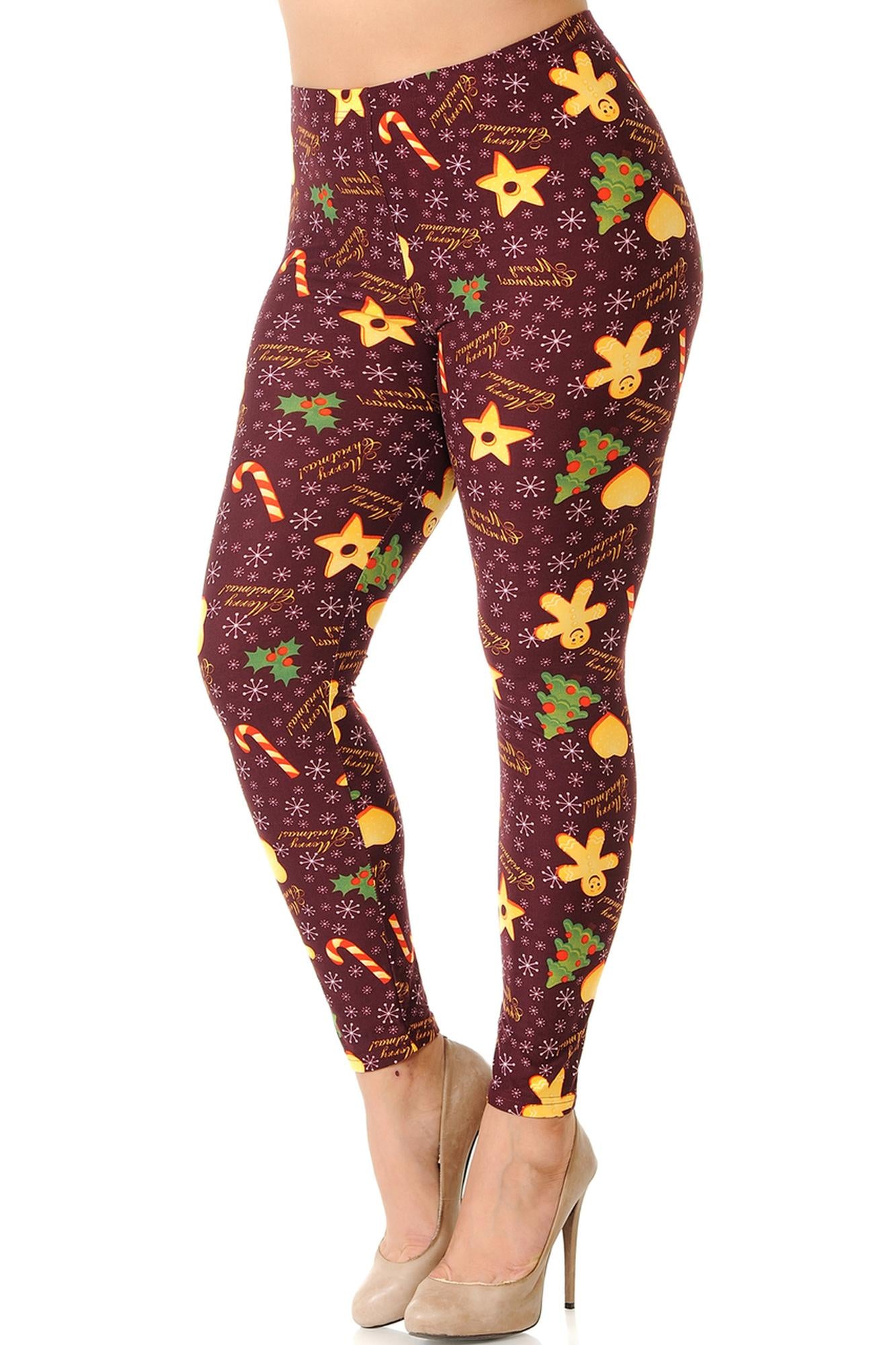 Buttery Soft Merry Christmas Treats and Cookies Extra Plus Size Leggings - 3X-5X (XPlus One Size,Burgundy)