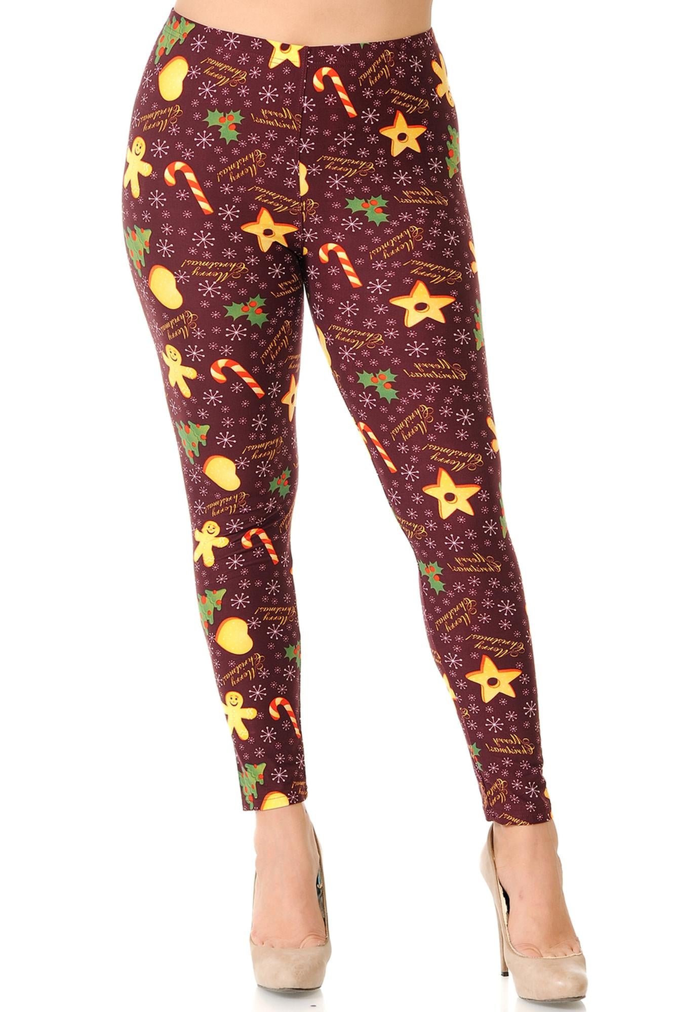 Buttery Soft Merry Christmas Treats and Cookies Extra Plus Size Leggings - 3X-5X (XPlus One Size,Burgundy)
