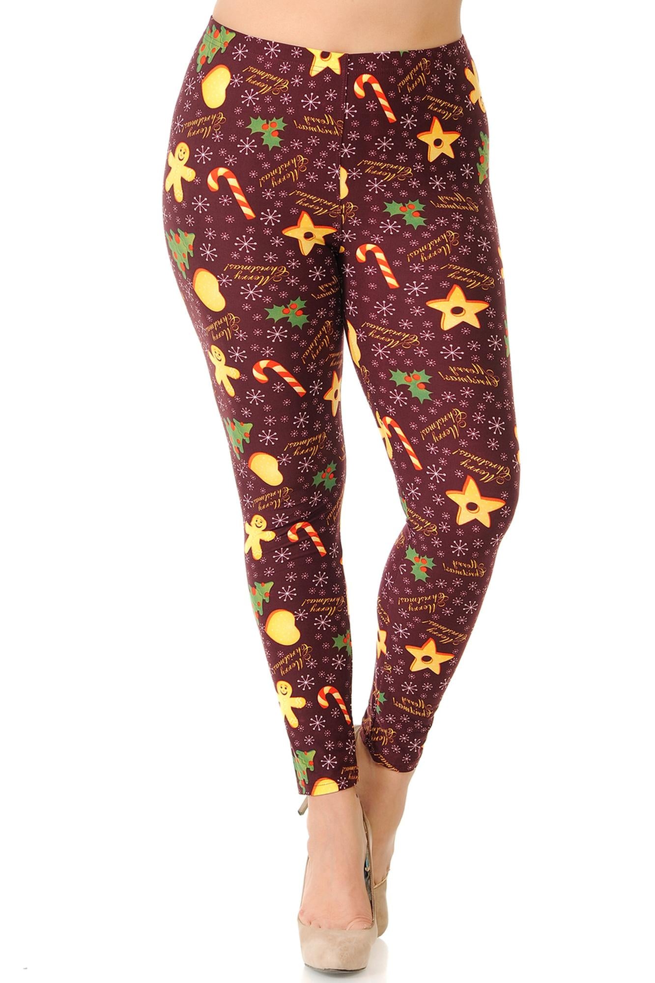 Buttery Soft Merry Christmas Treats and Cookies Extra Plus Size Leggings - 3X-5X (XPlus One Size,Burgundy)