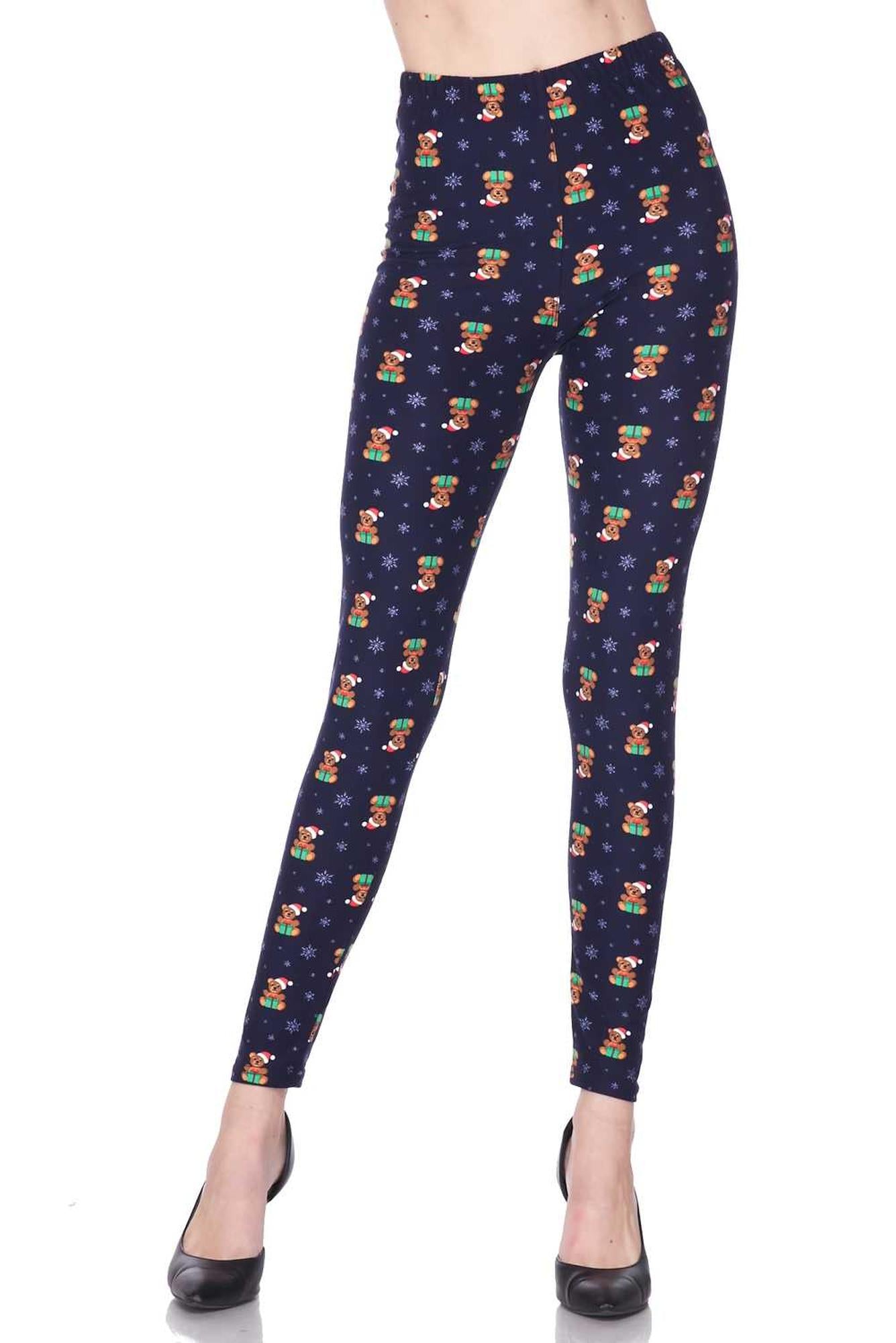 Buttery Soft Christmas Teddy Bears Extra Plus size Leggings - 3X-5X (XPlus One Size,Navy)
