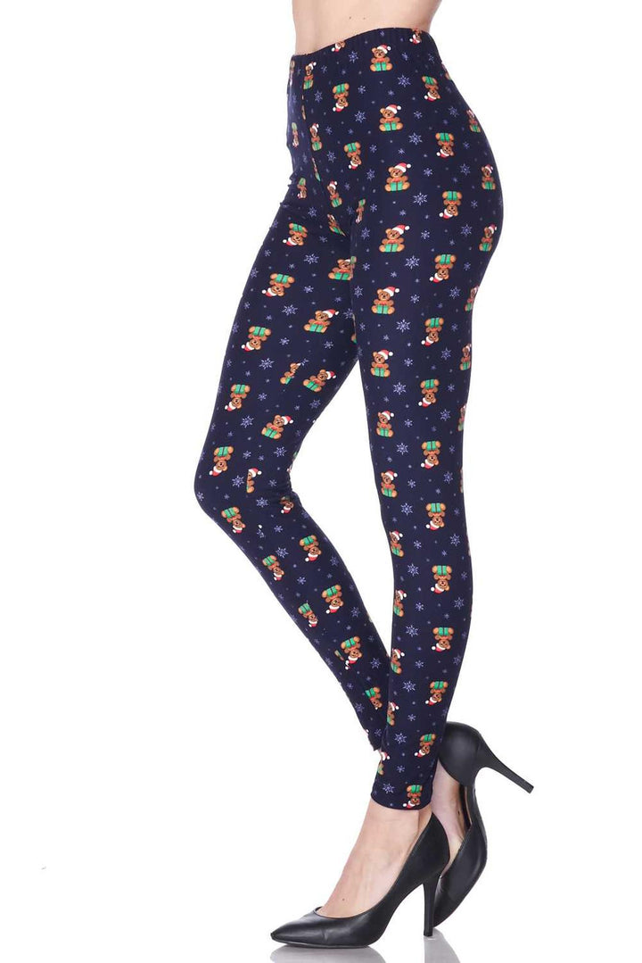 Buttery Soft Christmas Teddy Bears Extra Plus size Leggings - 3X-5X (XPlus One Size,Navy)