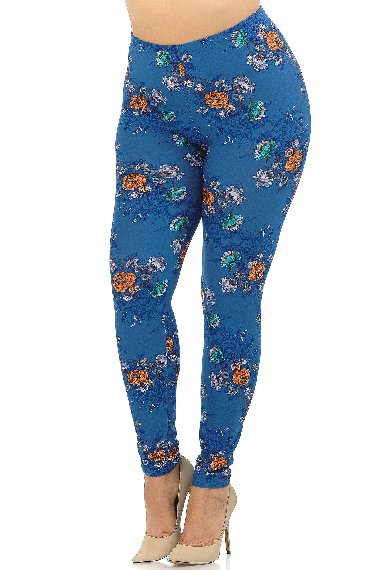 Buttery Soft Denim Blue Floral Rose Extra Plus Size Leggings - 3X-5X (XPlus One Size,Blue)