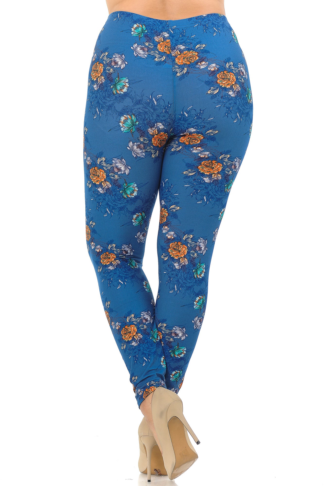 Buttery Soft Denim Blue Floral Rose Extra Plus Size Leggings - 3X-5X (XPlus One Size,Blue)