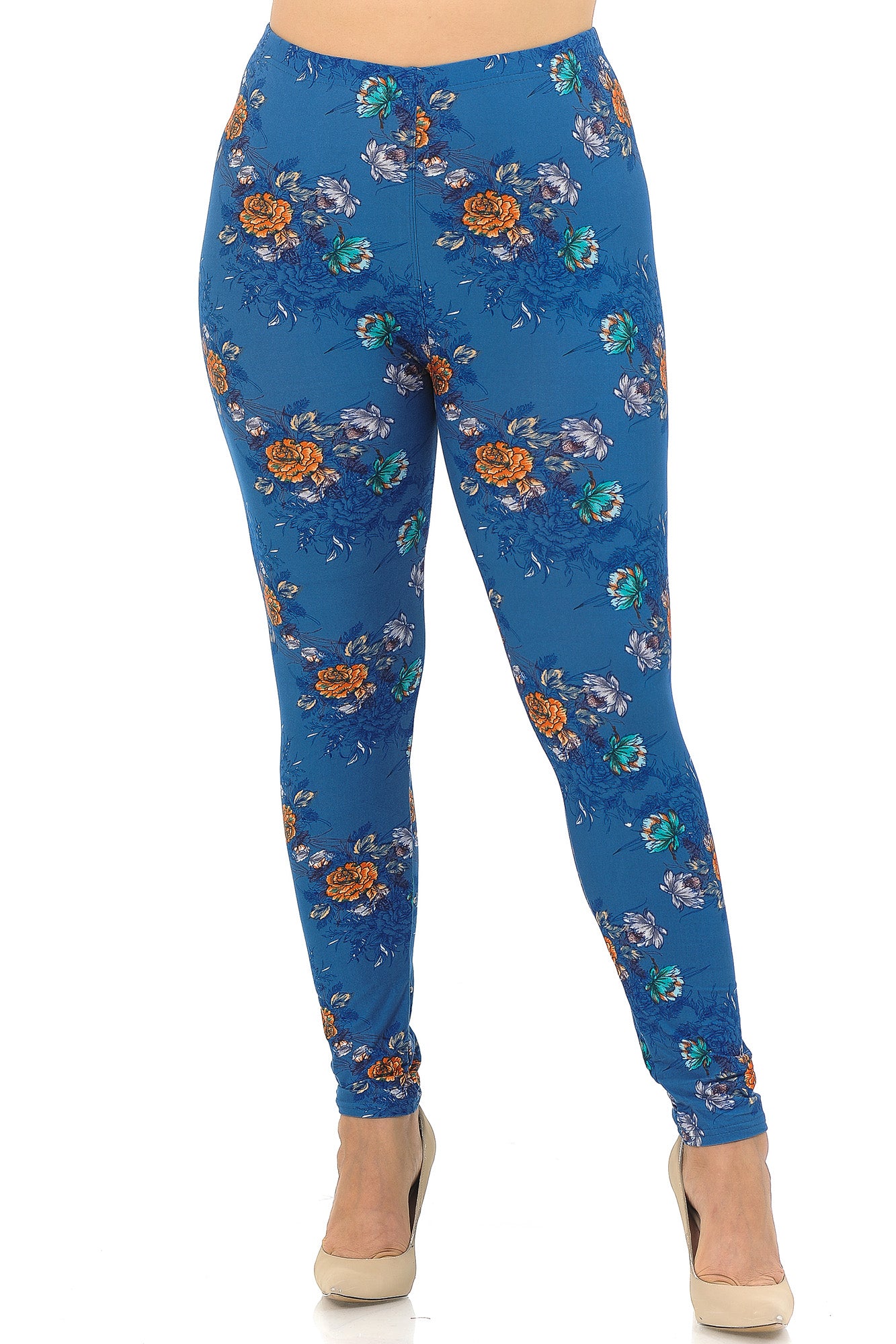 Buttery Soft Denim Blue Floral Rose Extra Plus Size Leggings - 3X-5X (XPlus One Size,Blue)