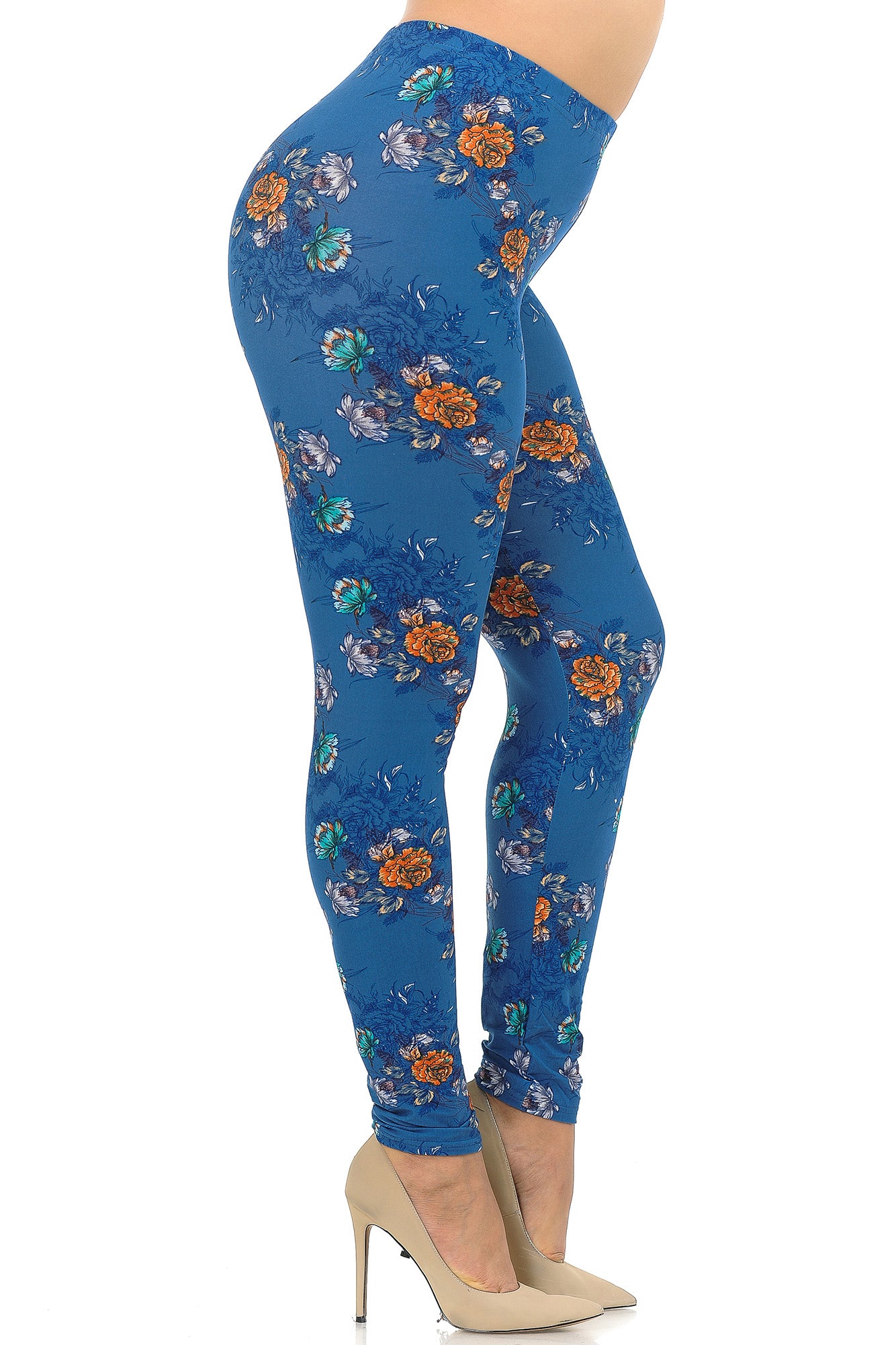 Buttery Soft Denim Blue Floral Rose Extra Plus Size Leggings - 3X-5X (XPlus One Size,Blue)