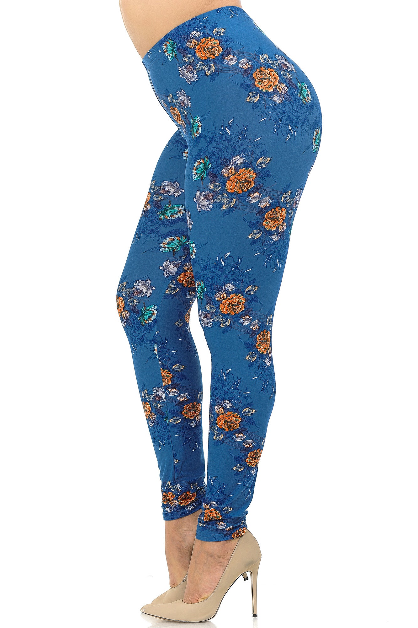 Buttery Soft Denim Blue Floral Rose Extra Plus Size Leggings - 3X-5X (XPlus One Size,Blue)