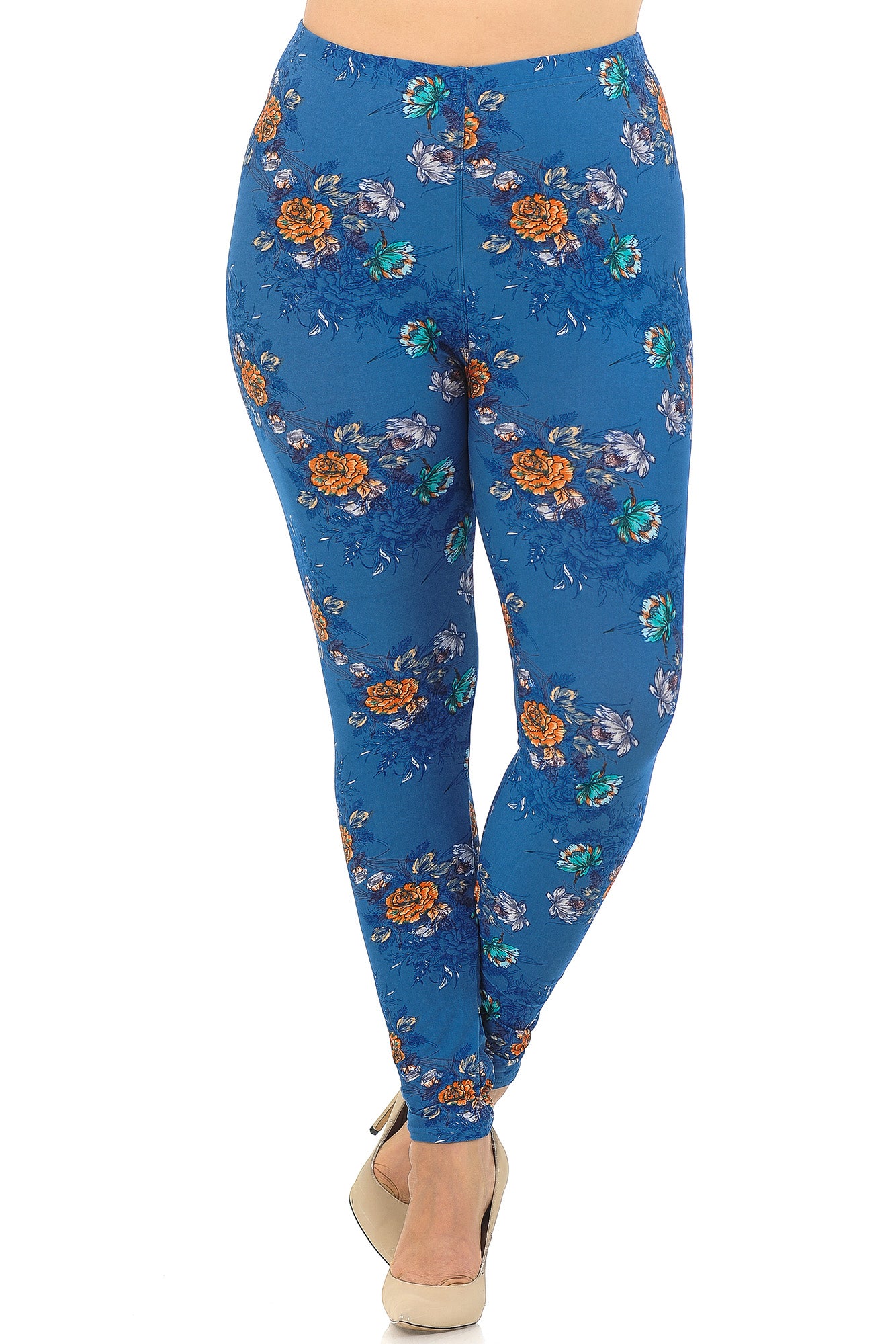 Buttery Soft Denim Blue Floral Rose Extra Plus Size Leggings - 3X-5X (XPlus One Size,Blue)