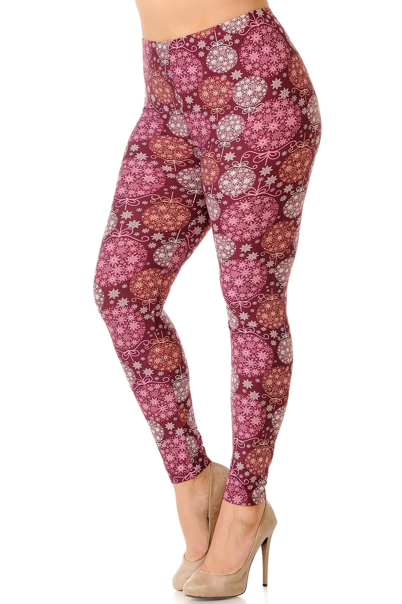 Buttery Soft Festive Snowflake Ornaments Extra Plus Size Leggings - 3X-5X (XPlus One Size,Burgundy)
