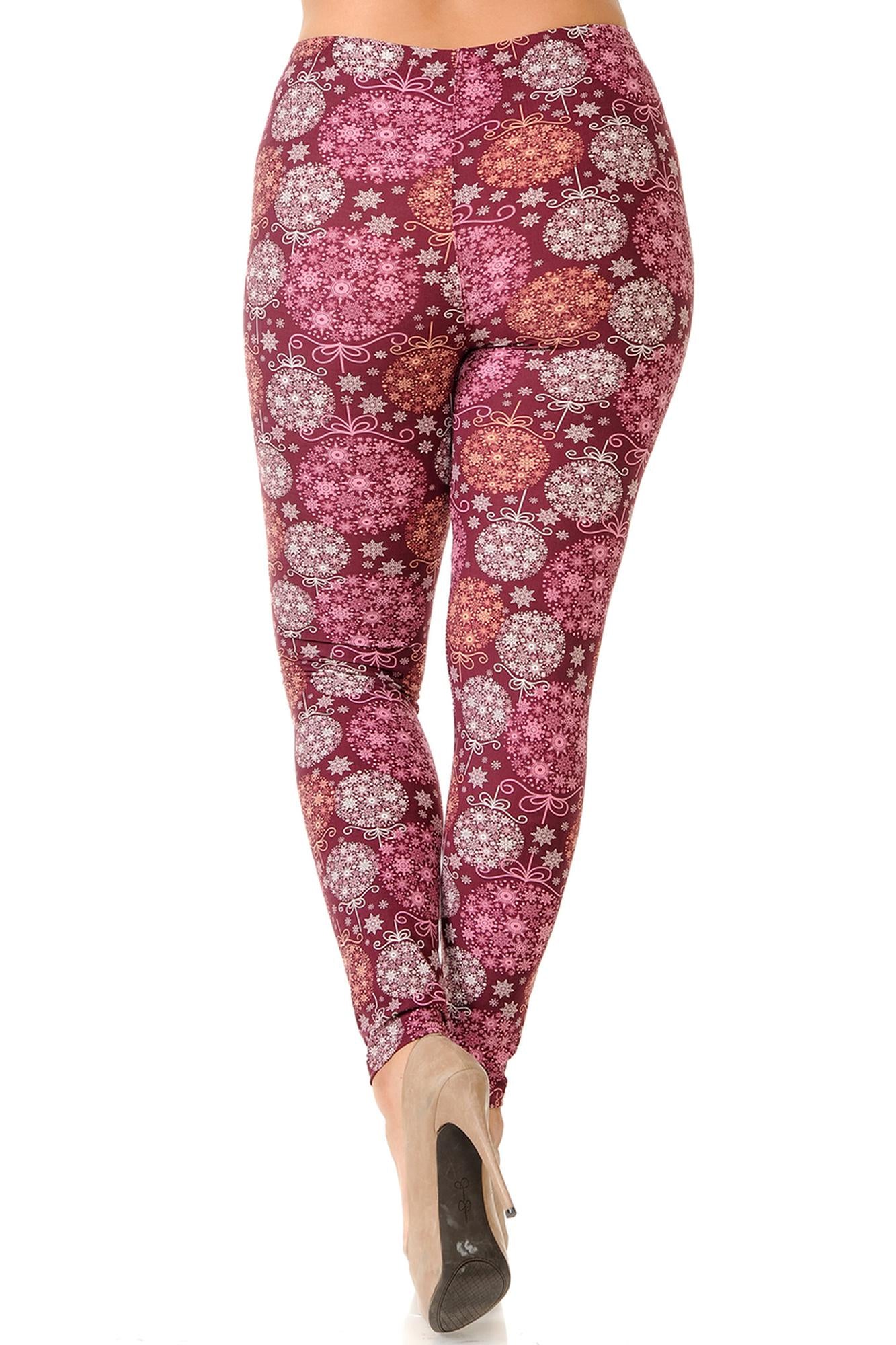 Buttery Soft Festive Snowflake Ornaments Extra Plus Size Leggings - 3X-5X (XPlus One Size,Burgundy)