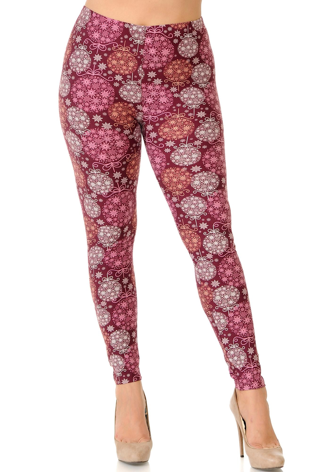Buttery Soft Festive Snowflake Ornaments Extra Plus Size Leggings - 3X-5X (XPlus One Size,Burgundy)