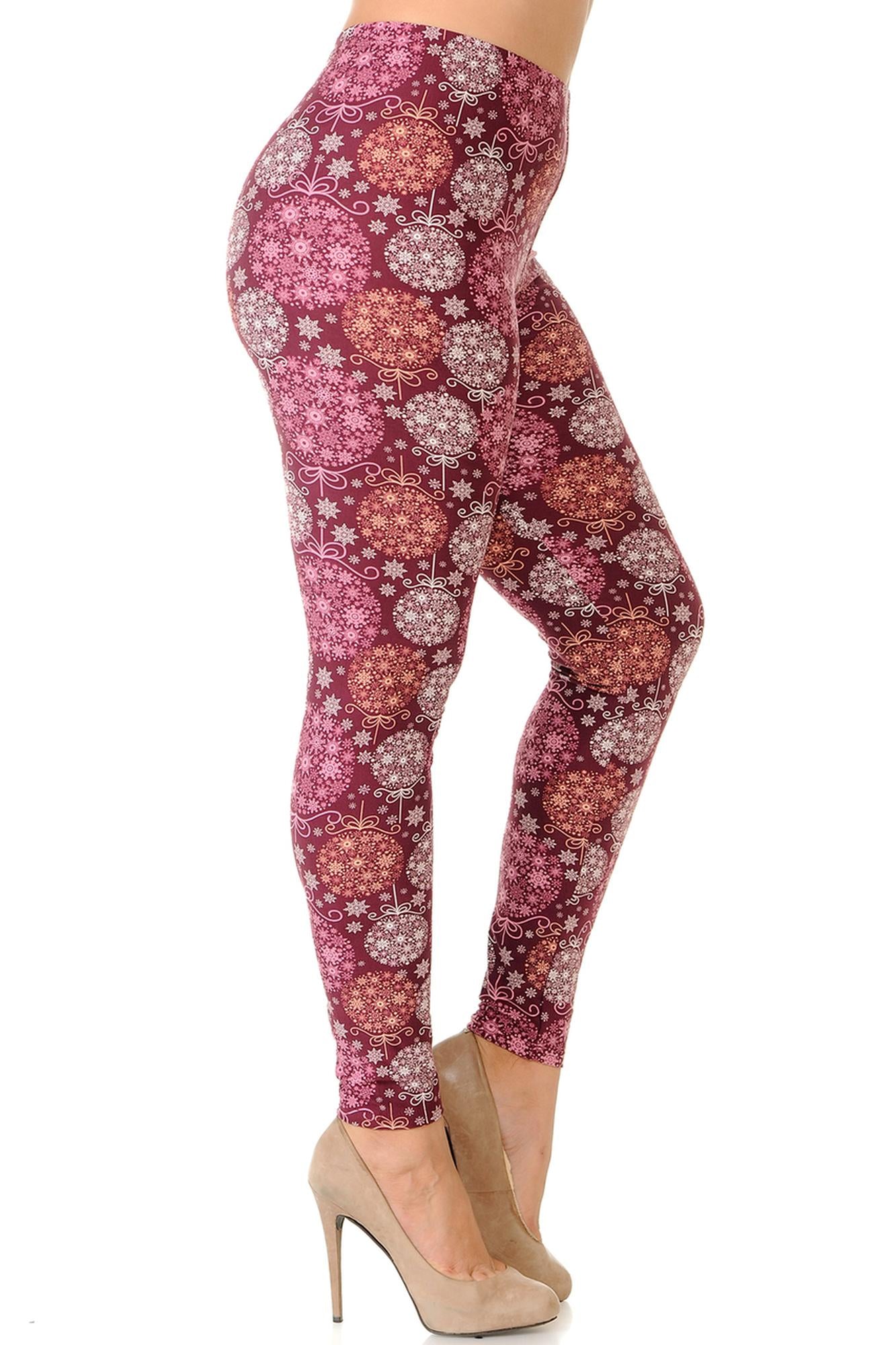 Buttery Soft Festive Snowflake Ornaments Extra Plus Size Leggings - 3X-5X (XPlus One Size,Burgundy)