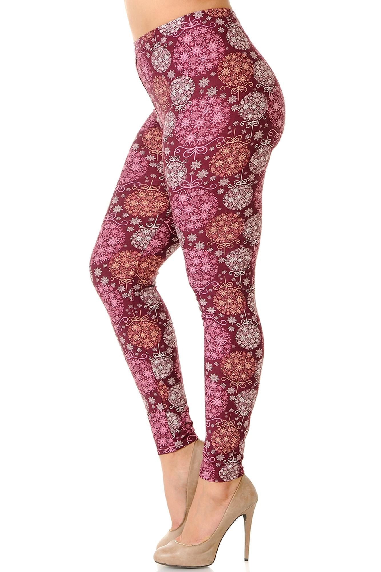 Buttery Soft Festive Snowflake Ornaments Extra Plus Size Leggings - 3X-5X (XPlus One Size,Burgundy)
