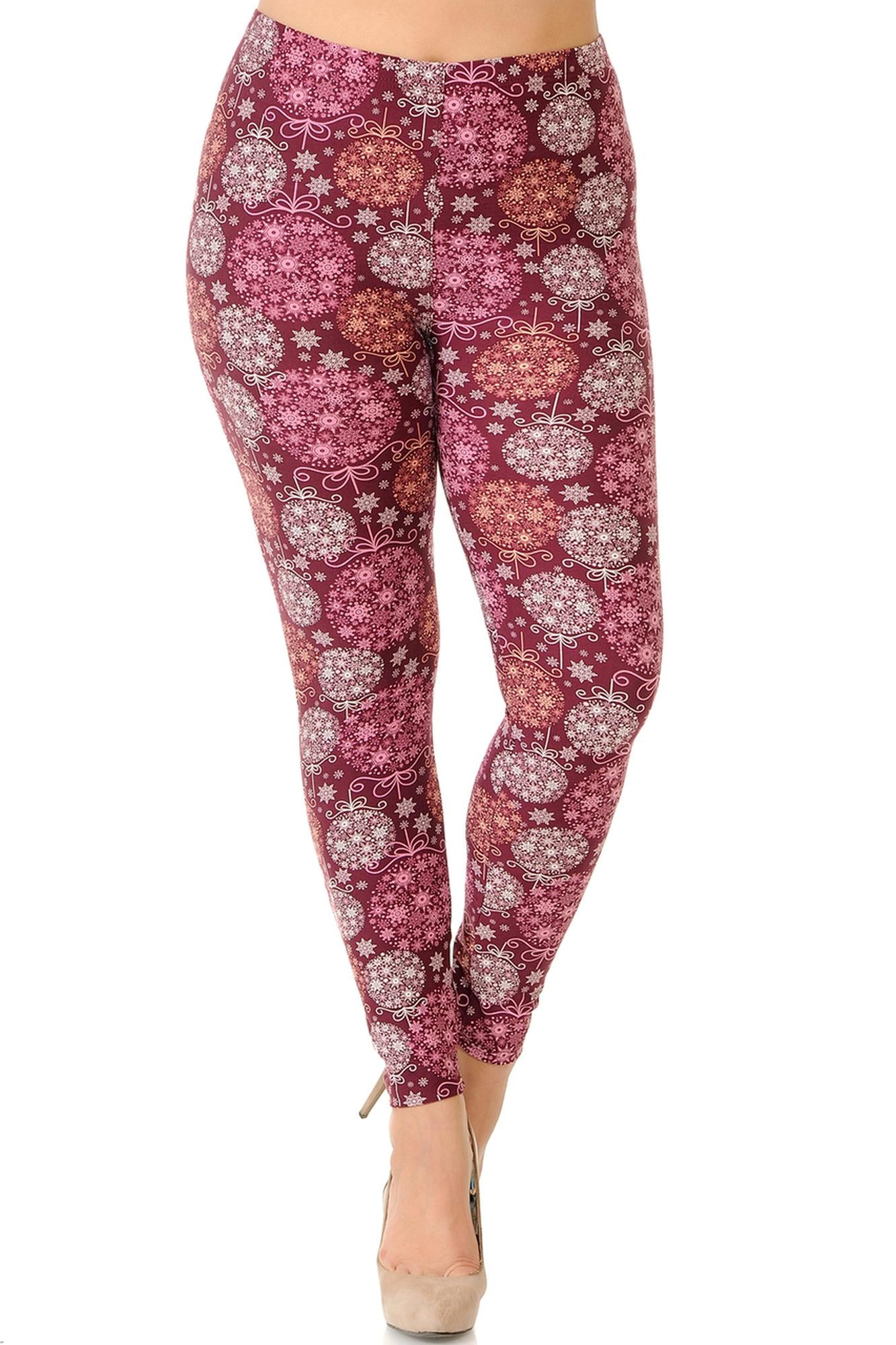 Buttery Soft Festive Snowflake Ornaments Extra Plus Size Leggings - 3X-5X (XPlus One Size,Burgundy)