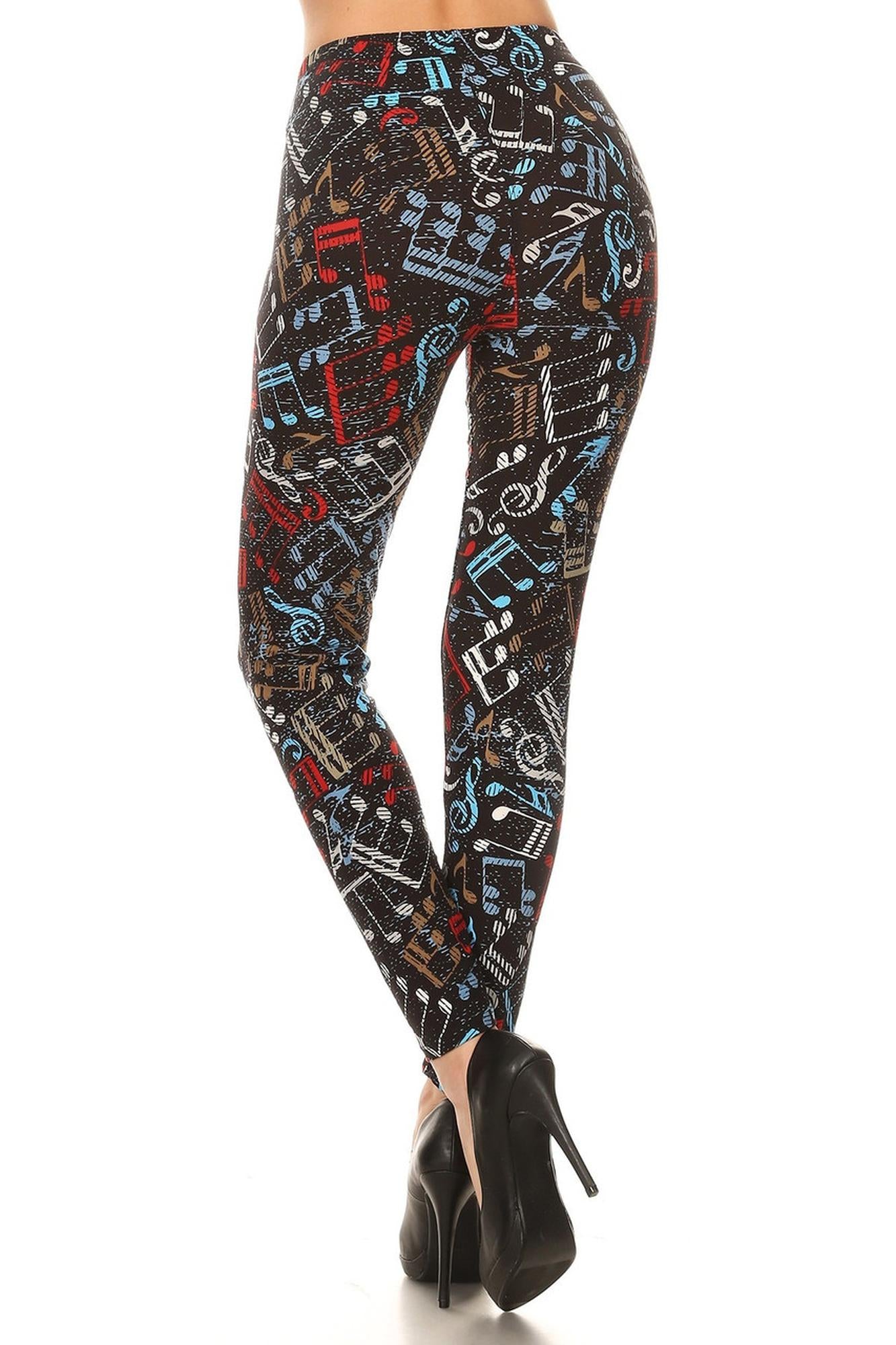 Buttery Soft Colorful Music Note Extra Plus Size Leggings - 3X-5X (XPlus One Size,Black)