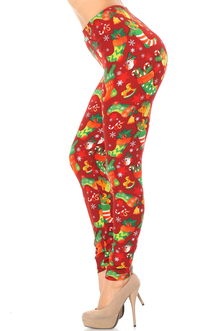 Buttery Soft Ruby Red Christmas Stocking Extra Plus Size Leggings - 3X-5X (Red,XPlus One Size)