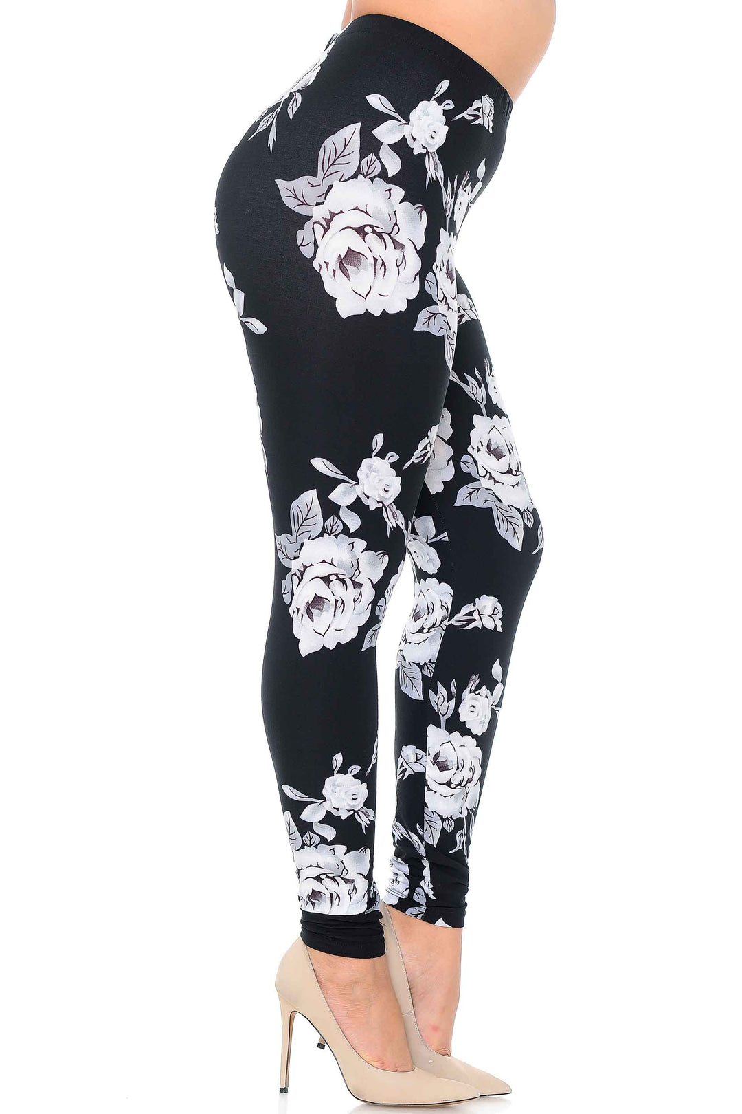 Buttery Soft Jumbo White Rose Extra Plus Size Leggings - 3X - 5X (XPlus One Size,Black)