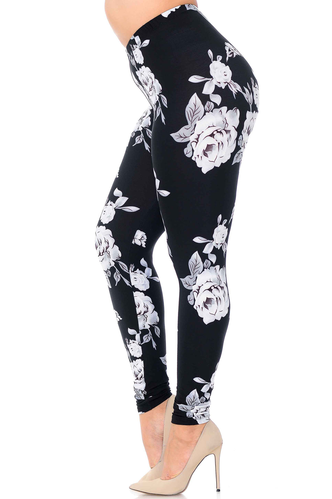 Buttery Soft Jumbo White Rose Extra Plus Size Leggings - 3X - 5X (XPlus One Size,Black)