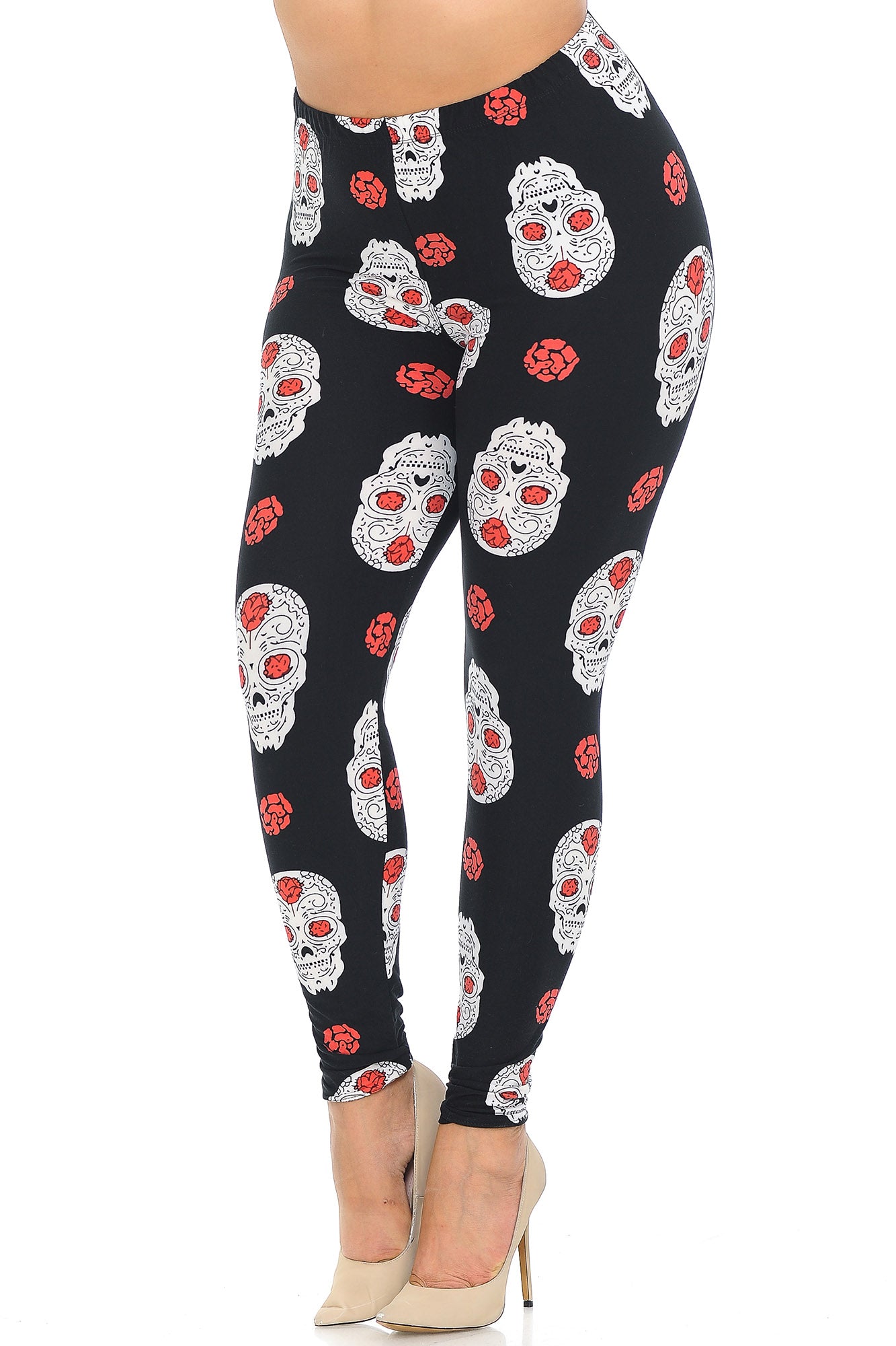 Buttery Soft Rose and Skull Extra Plus Size Leggings - 3X-5X (One Size Plus,Black)