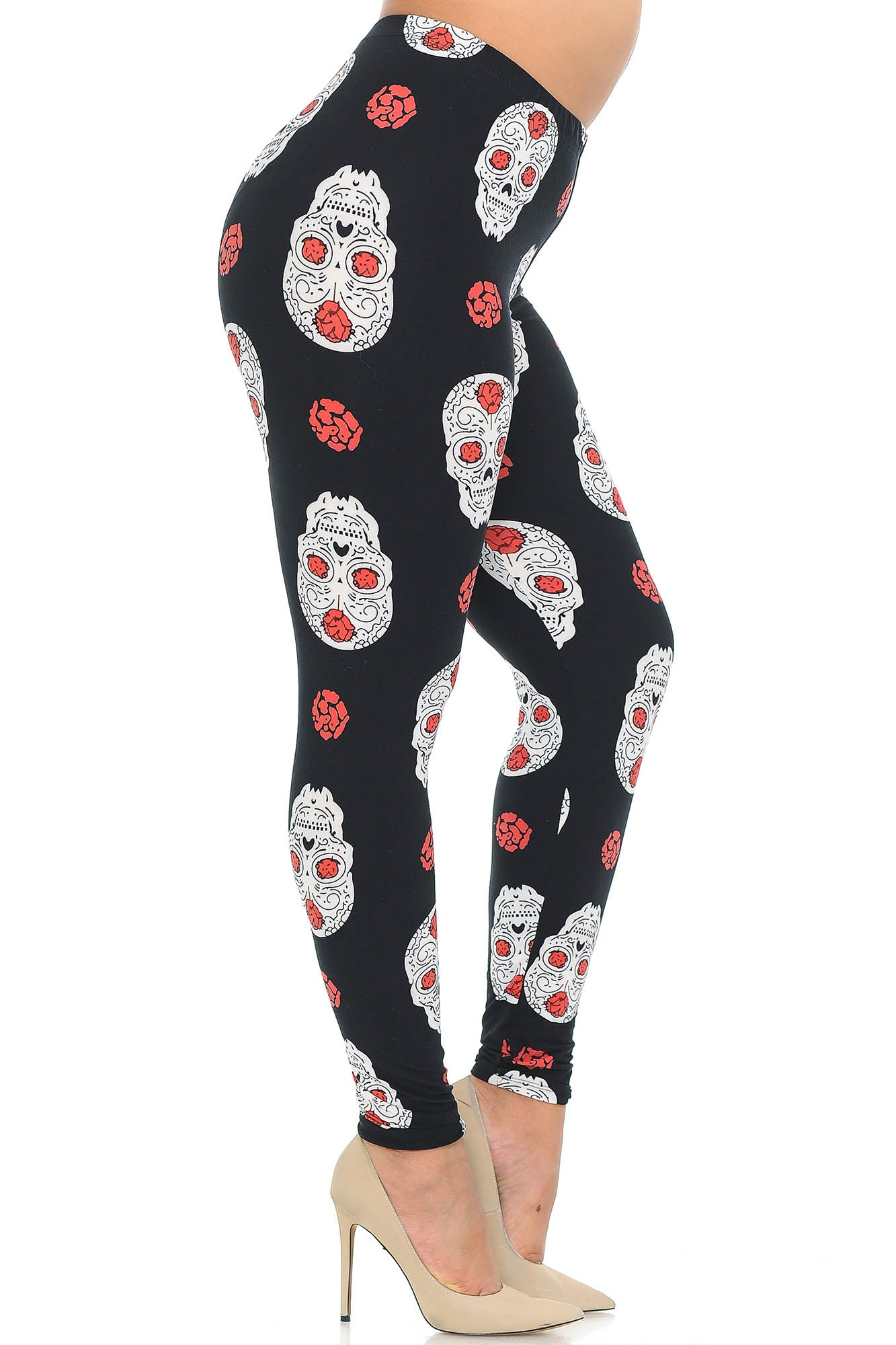 Buttery Soft Rose and Skull Extra Plus Size Leggings - 3X-5X (One Size Plus,Black)