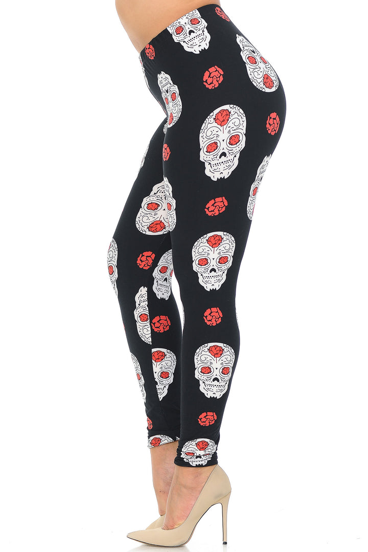Buttery Soft Rose and Skull Extra Plus Size Leggings - 3X-5X (One Size Plus,Black)