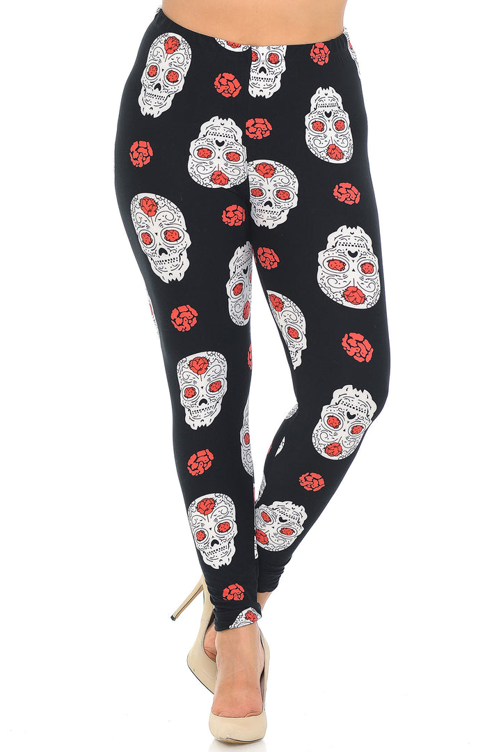 Buttery Soft Rose and Skull Extra Plus Size Leggings - 3X-5X (One Size Plus,Black)