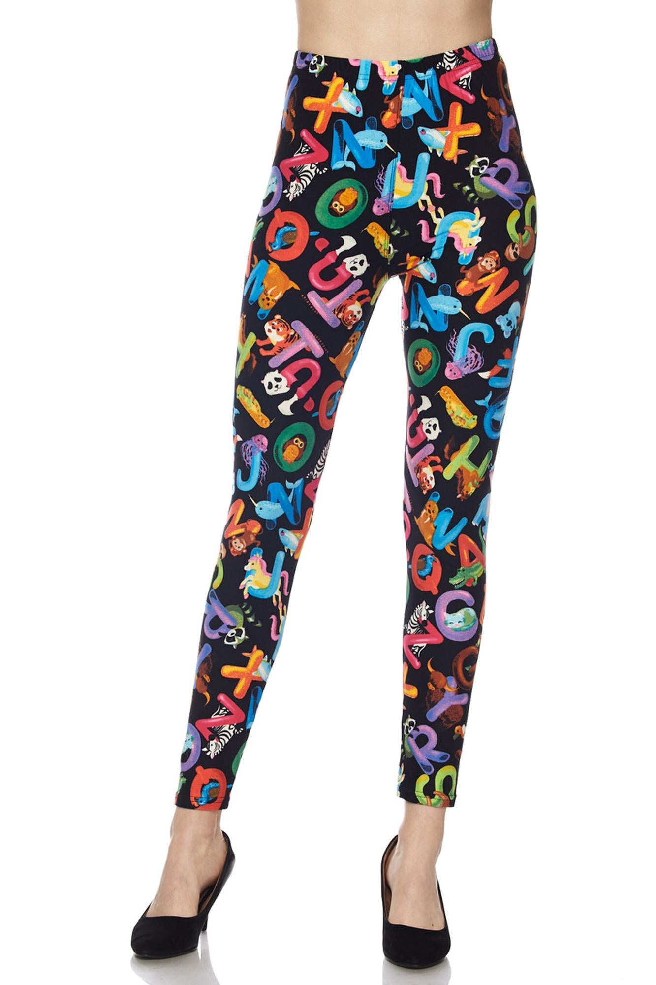 Buttery Soft Animal Alphabet Extra Plus Size Leggings - 3X-5X (XPlus One Size,Black)