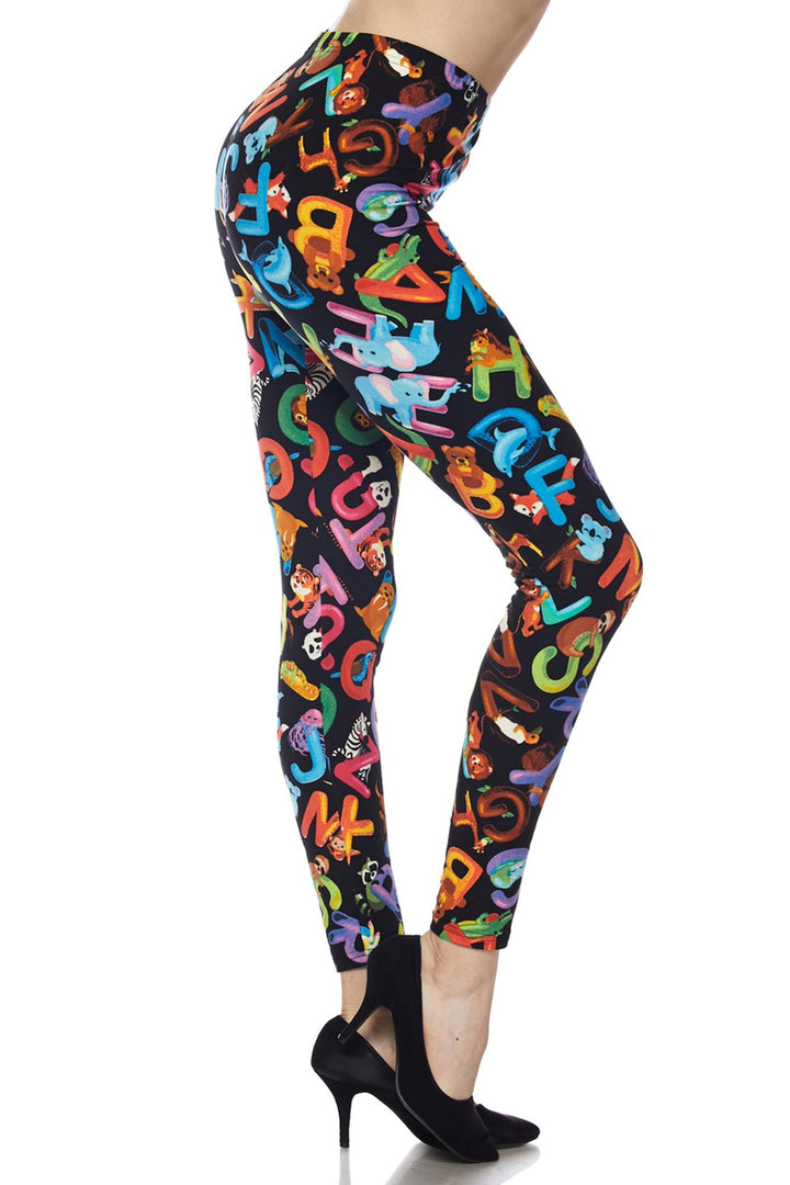 Buttery Soft Animal Alphabet Extra Plus Size Leggings - 3X-5X (XPlus One Size,Black)