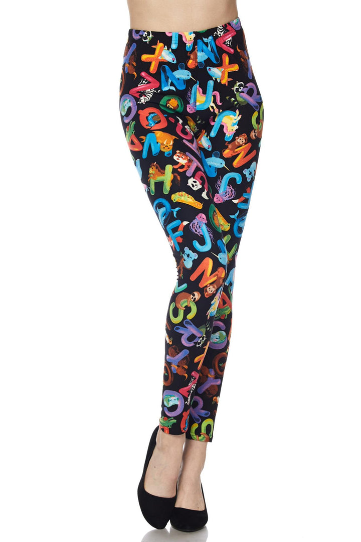 Buttery Soft Animal Alphabet Extra Plus Size Leggings - 3X-5X (XPlus One Size,Black)