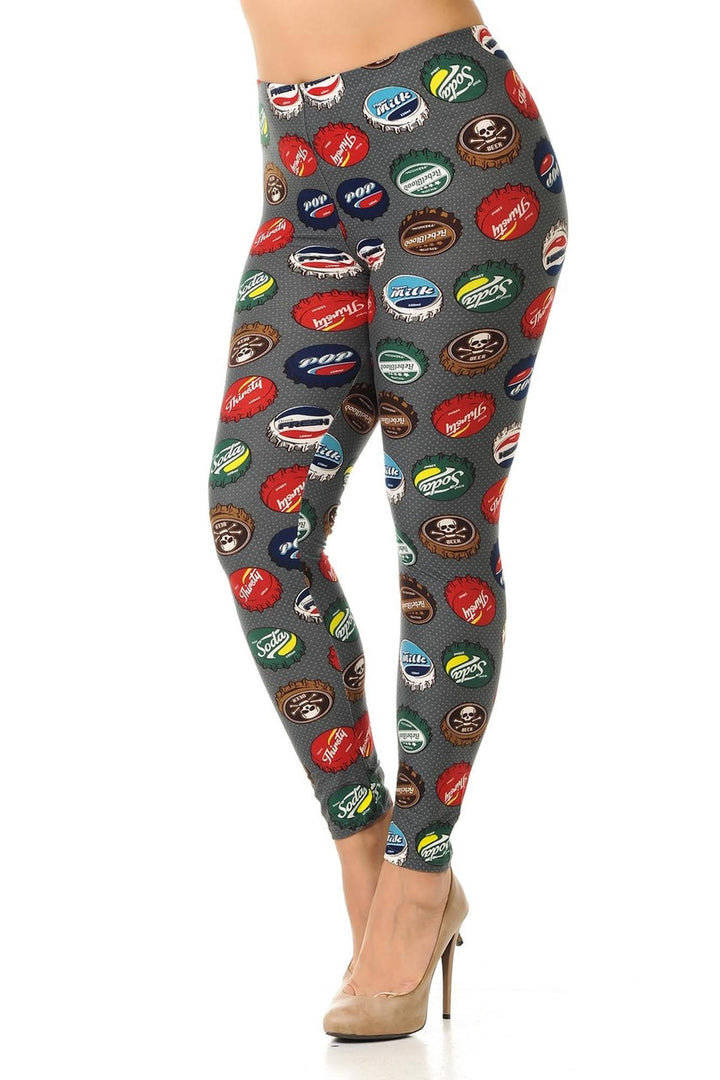 Buttery Soft Groovy Bottlecap Plus Size Leggings - 3X-5X (One Size Plus,Charcoal)