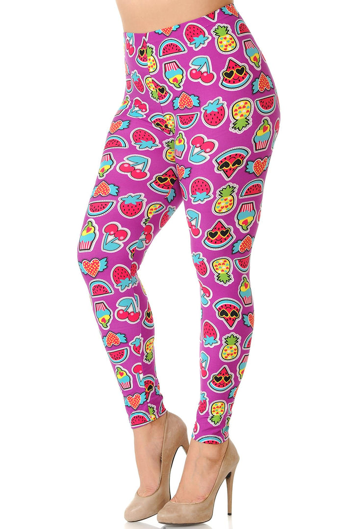 Buttery Soft Cartoon Fruit Plus Size Leggings - 3X-5X (One Size Plus,Fuchsia)