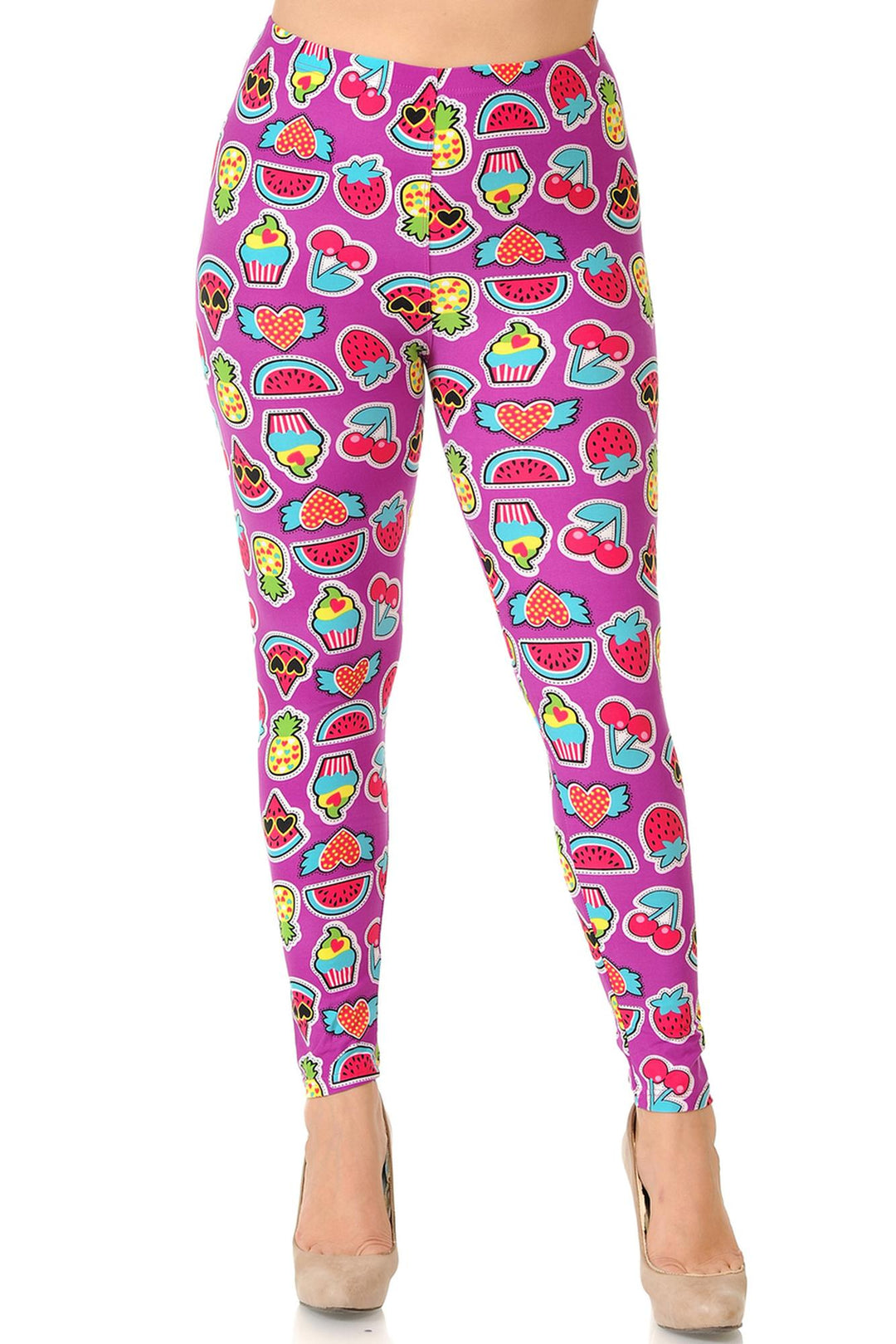 Buttery Soft Cartoon Fruit Plus Size Leggings - 3X-5X (One Size Plus,Fuchsia)
