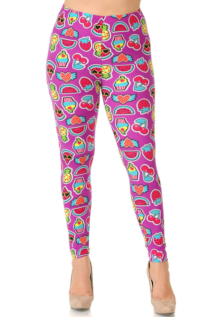 Buttery Soft Cartoon Fruit Plus Size Leggings - 3X-5X (One Size Plus,Fuchsia)