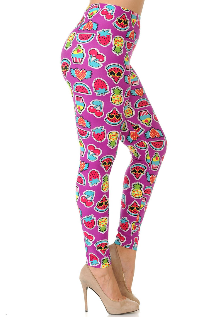 Buttery Soft Cartoon Fruit Plus Size Leggings - 3X-5X (One Size Plus,Fuchsia)