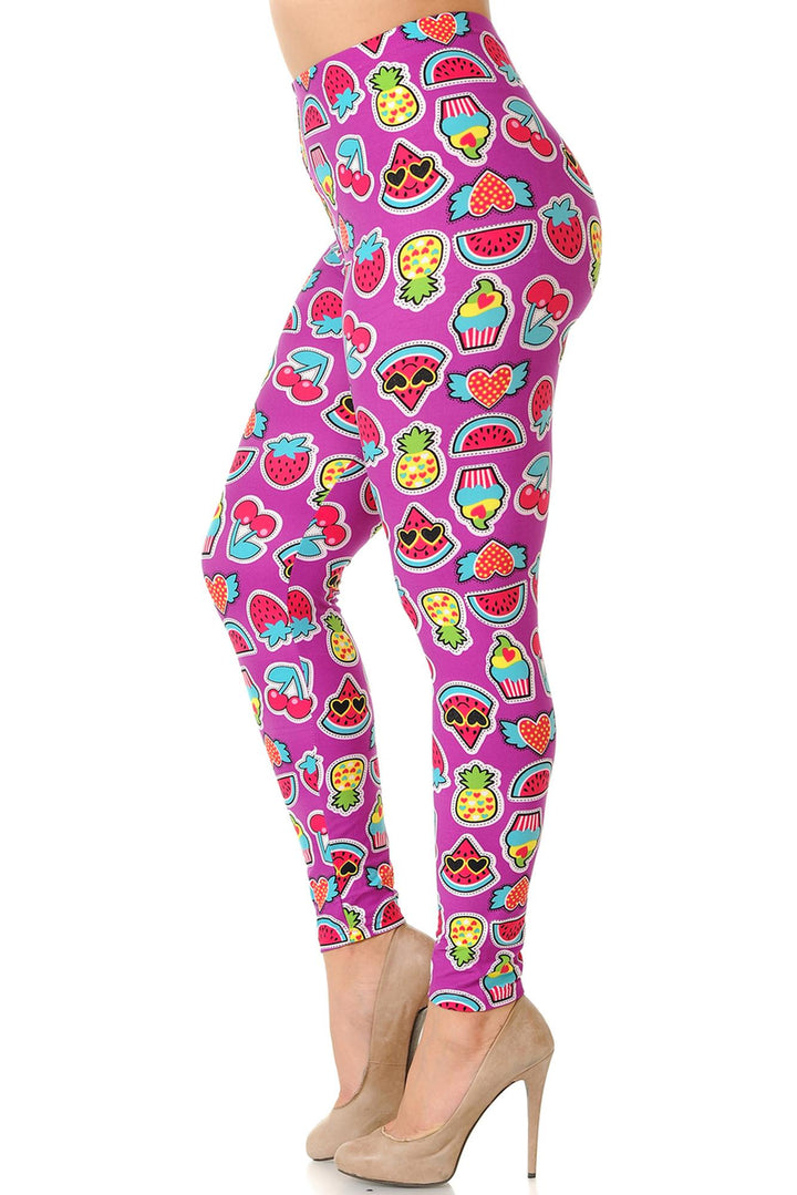 Buttery Soft Cartoon Fruit Plus Size Leggings - 3X-5X (One Size Plus,Fuchsia)
